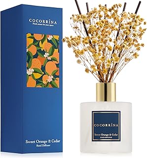 COCORRÍNA Reed Diffuser - Sweet Orange & Cedar 6.7 Fl.oz Reed Diffuser Set with Sticks & Preserved Baby's Breath, Reed Diffuser for Home Bathroom Shelf Decor