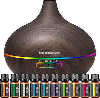InnoGear Aromatherapy Diffuser & 10 Essential Oils Set, 400ml Diffuser Ultrasonic Diffusers for Home Cool Mist Humidifier with 4 Timers 7 Colors Light Waterless Auto Off, Dark Wood Grain