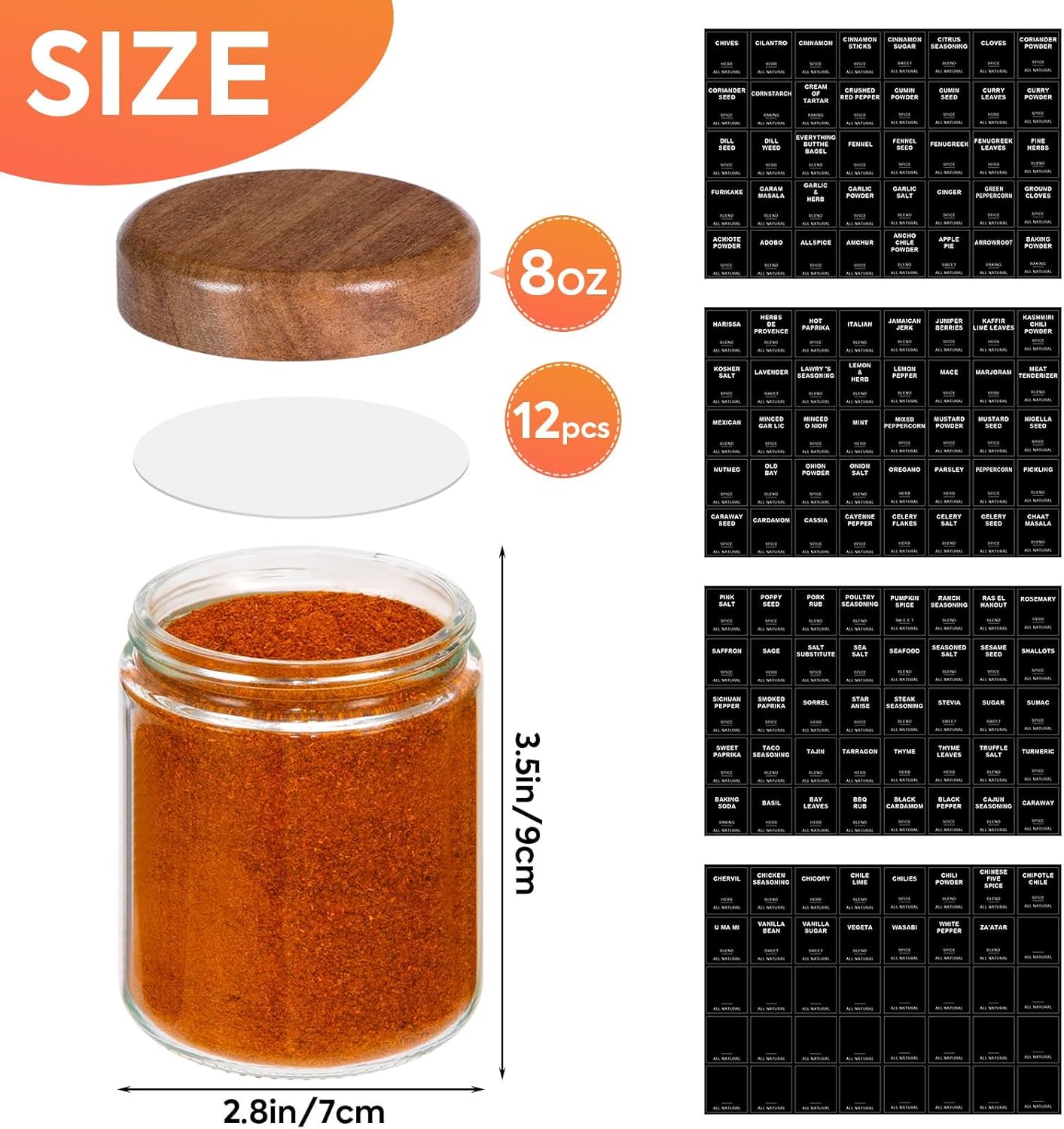 Yangbaga Glass Spice Jars with Labels: 12pc 8oz Round Seasoning Storage Containers with lid,Pepper Grinder,Funnel; Empty Spice Organizer Bottles for Kitchen Rack Drawer Cabinet