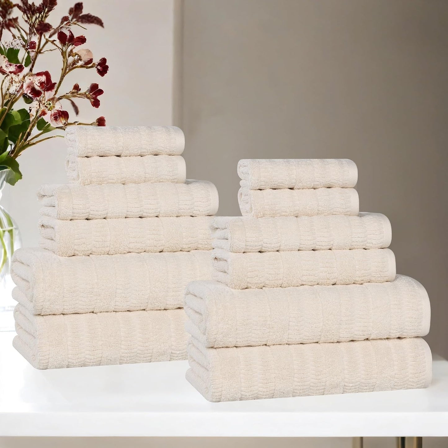 Superior Luxurious Classic Cotton Blend Towels, 12 Piece Set for Bathroom, Shower, Spa, Hotel, Super Soft, Quick Dry, Ultra Soft Mika Towels, 4 Bath, 4 Hand & 4 Washcloth, Ivory