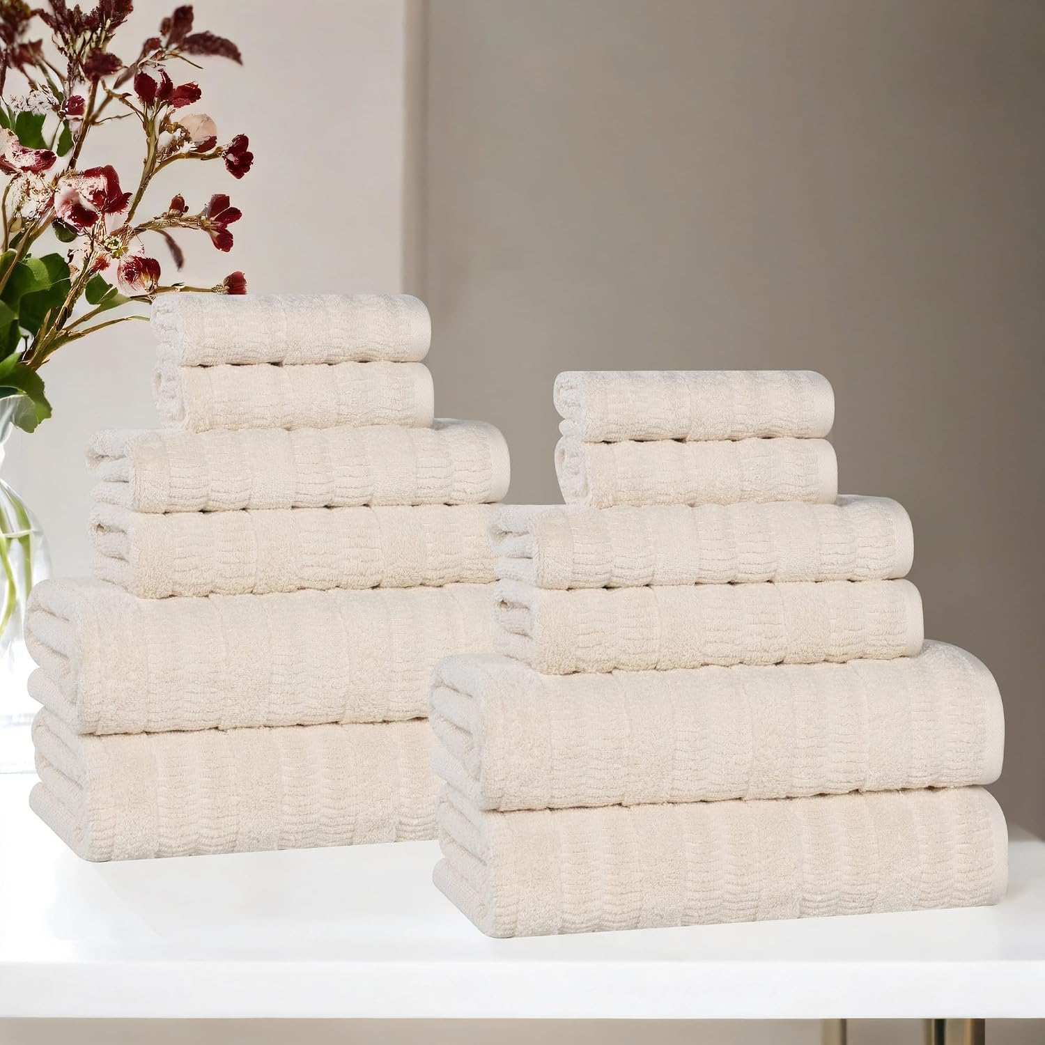 Superior Luxurious Classic Cotton Blend Towels, 12 Piece Set for Bathroom, Shower, Spa, Hotel, Super Soft, Quick Dry, Ultra Soft Mika Towels, 4 Bath, 4 Hand & 4 Washcloth, Ivory