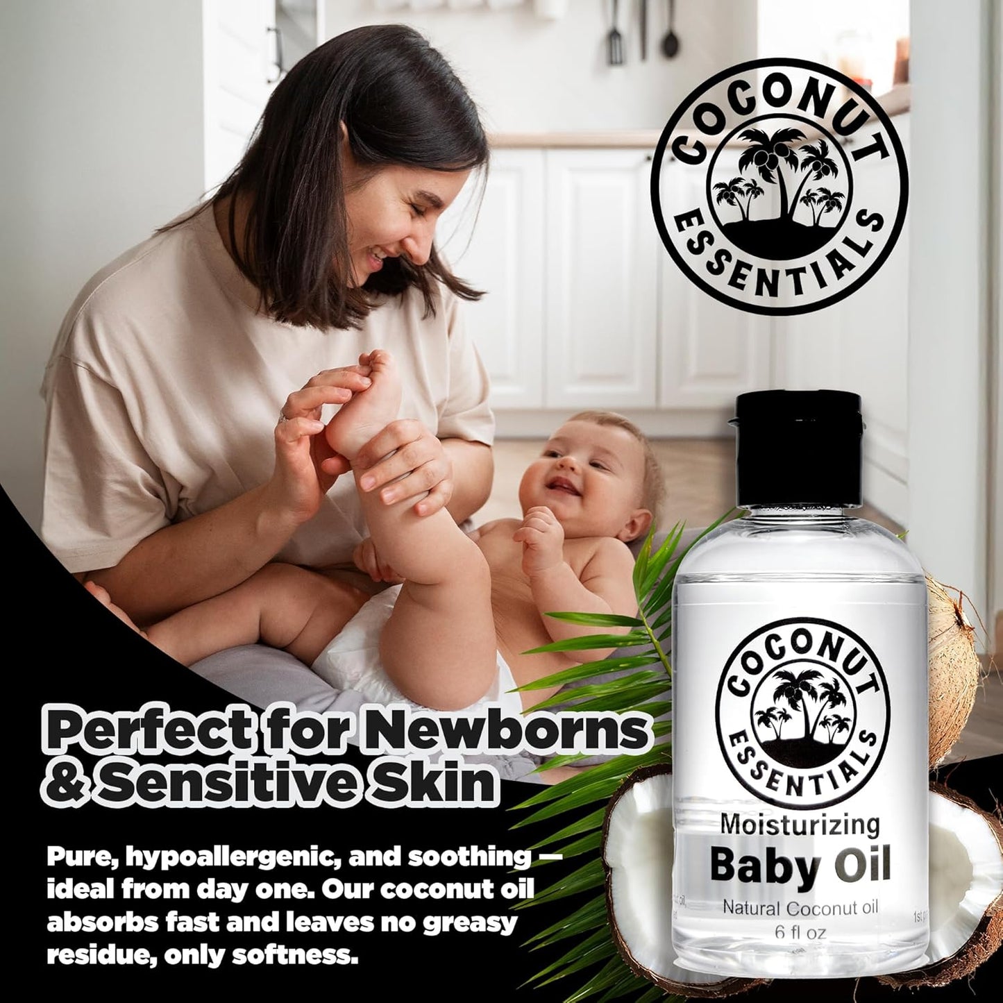 Coconut Essentials BABY OIL - Liquid Coconut oil (MCT) - No Mineral oil - Unscented Moisturizer - Infant & Newborn - Massage, Scalp Sensitive Skin, Eczema & Dry Skin Relief - Fragrance Free (6oz)