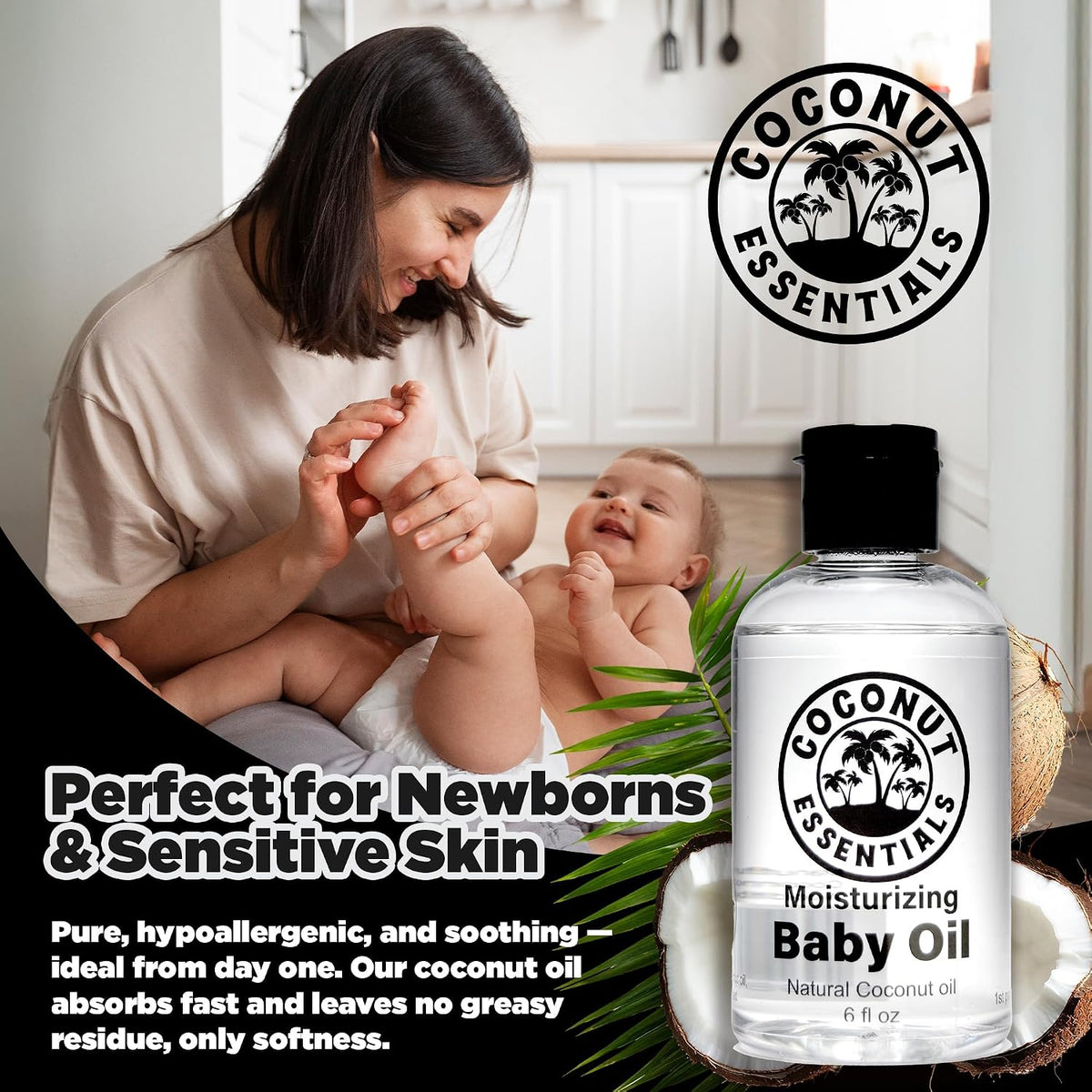 Coconut Essentials BABY OIL - Liquid Coconut oil (MCT) - No Mineral oil - Unscented Moisturizer - Infant & Newborn - Massage