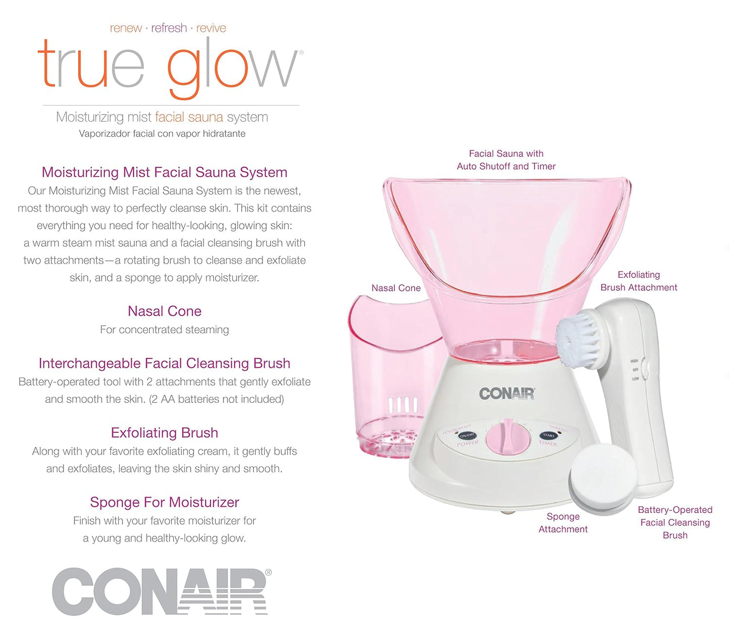 True Glow by Conair Moisturizing Mist Facial Sauna System; Pink / Cream