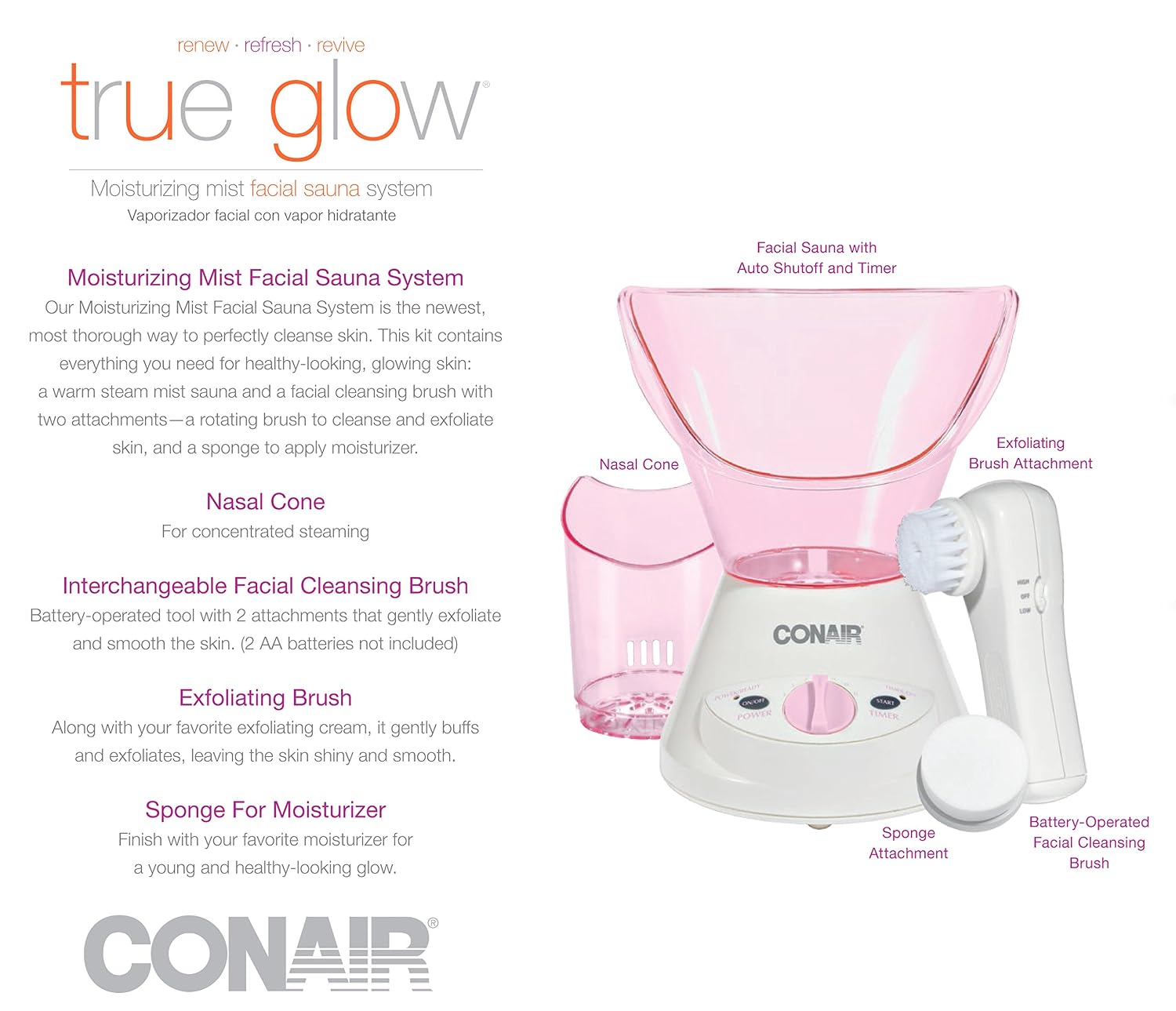 True Glow by Conair Moisturizing Mist Facial Sauna System; Pink / Cream