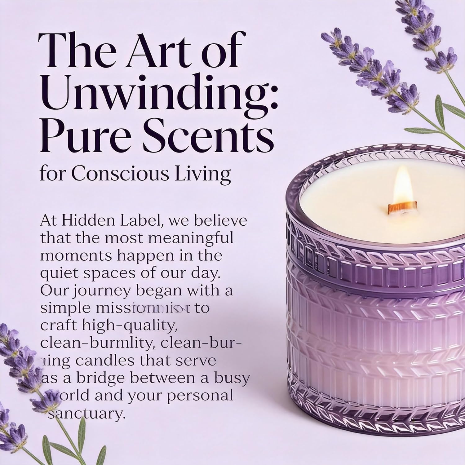 Hidden Label Lavender Scented Candle with Crackling Wooden Wick, 7.4 oz Soy Wax Jar Candle for Bedroom, Bathroom, Spa & Yoga, 55 Hour Small Candle Gift for Women