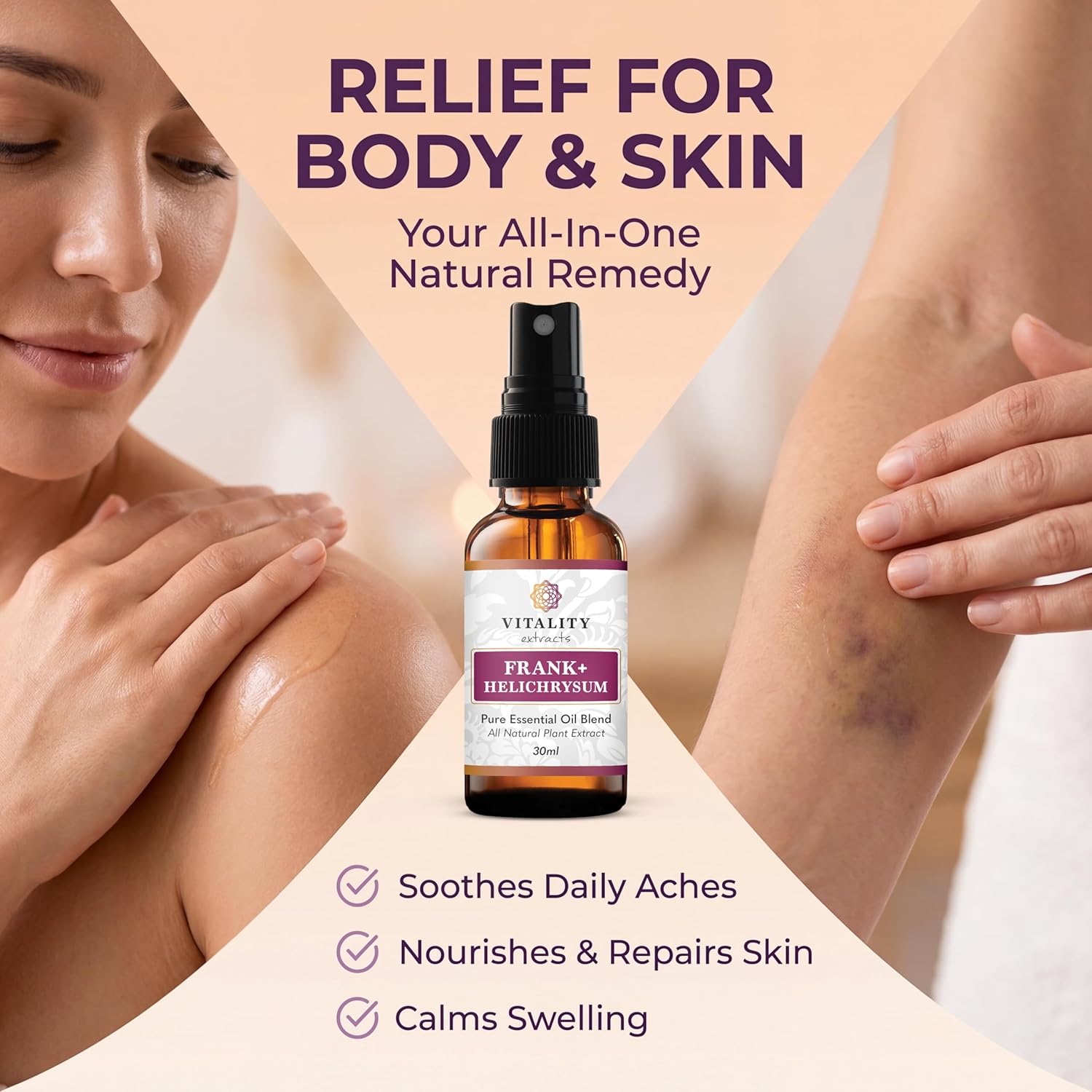 Vitality Extracts Frank+ Helichrysum Essential Oil Blend - 30ml Spray Bottle, Frankincense Boswellia Seratta, Aromatherapy, Soft Skin, Relief from Daily Aches & Soreness, Natural