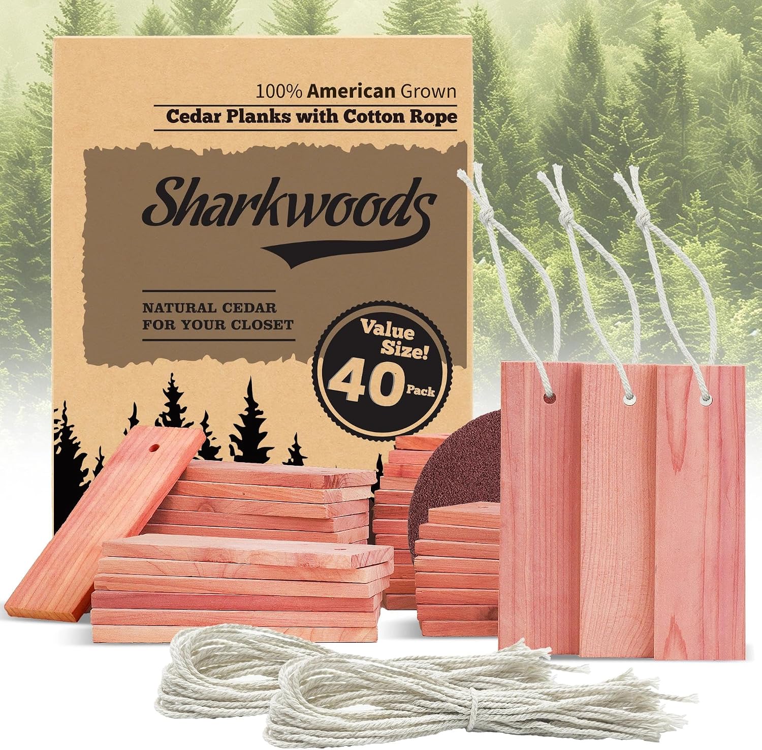 Cedar Blocks for Clothes Storage - 40 Pack Red Cedar Planks, 100% Natural Aromatic Cedarwood with Cotton Rope and Sandpaper for Closets & Drawers Freshener