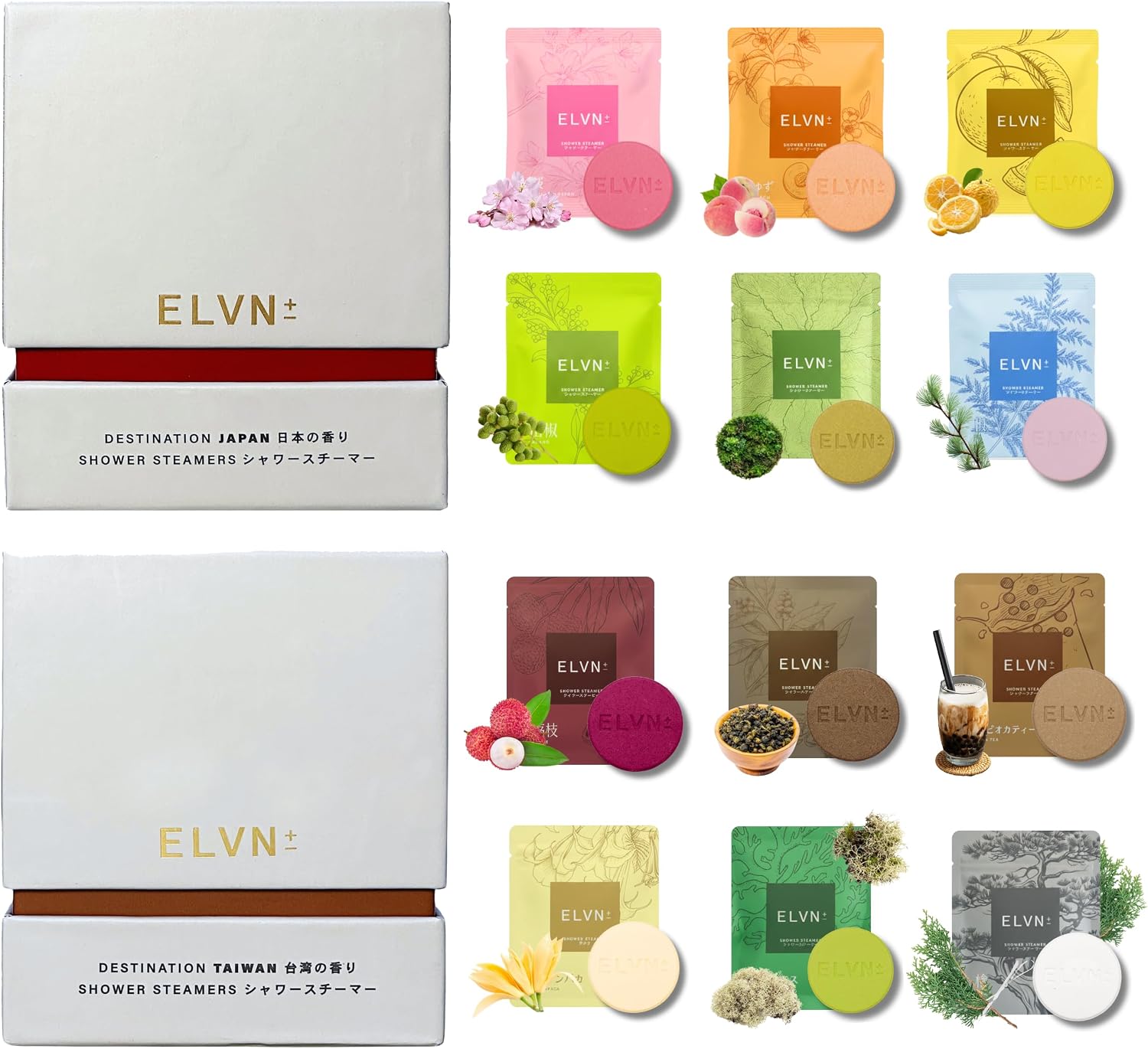 ELVN± Aromatherapy Shower Steamers - 12 Unique Japanese and Taiwan Scents - Natural Shower Bombs for Stress Relief, Focus & Sleep - Luxury Self Care Gifts for Women & Men - Sustainable Spa Kit