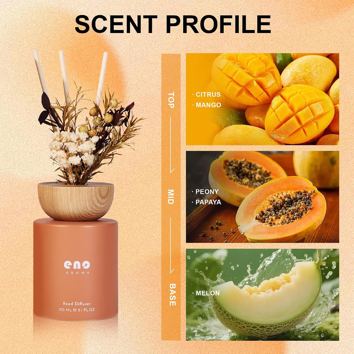 Reed Diffuser Set with Dried Flowers, 5.1 fl oz / 150ml, Mango Papaya Salad - Home Fragrance Diffuser with Sticks for Bathroom Shelf Decor, Bedroom, Office &amp; Gift