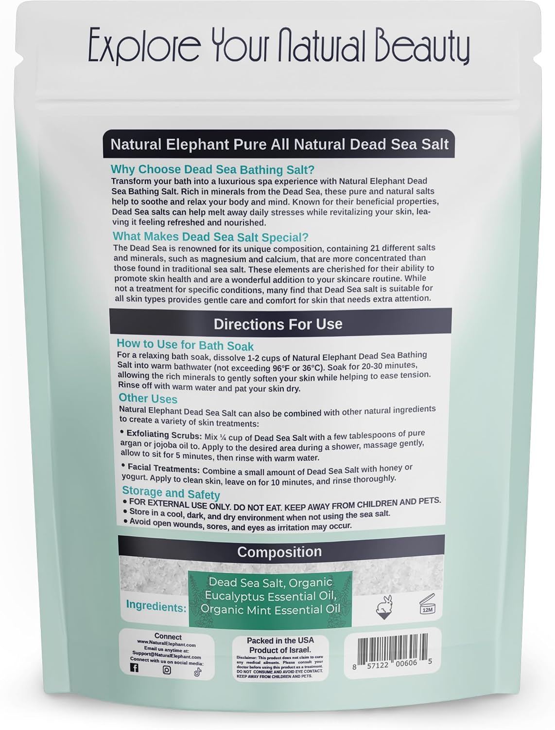 Natural Elephant Dead Sea Eucalyptus Mint Bath Salt - Bathing and Foot Soak for Energizing and Refreshing 100% Pure with Organic Eucalyptus Mint Essential Oil Medium Coarse Grain (10 lb (160 oz) Bag)