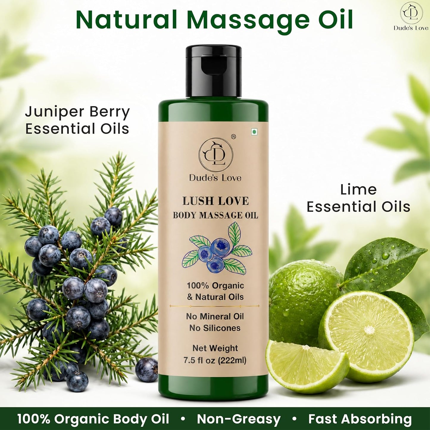 Lush Love Massage Oil | Lime & Juniper Berry Essential Oils | 100% Natural & Organic | No Mineral Oil, No Silicones | Non-Greasy Body Oil | Massage, MOISTURISE, Recover | 7.5 fl oz (222ml)