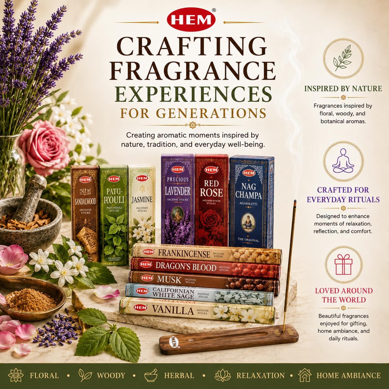 Hem Incense Sticks Assorted Floral Pack (6 Sets x 20 Sticks) with Incense Stick Holder 120 Sticks Total | Patchouli French Vanilla Gardenia Jasmine Rose Precious Lavender