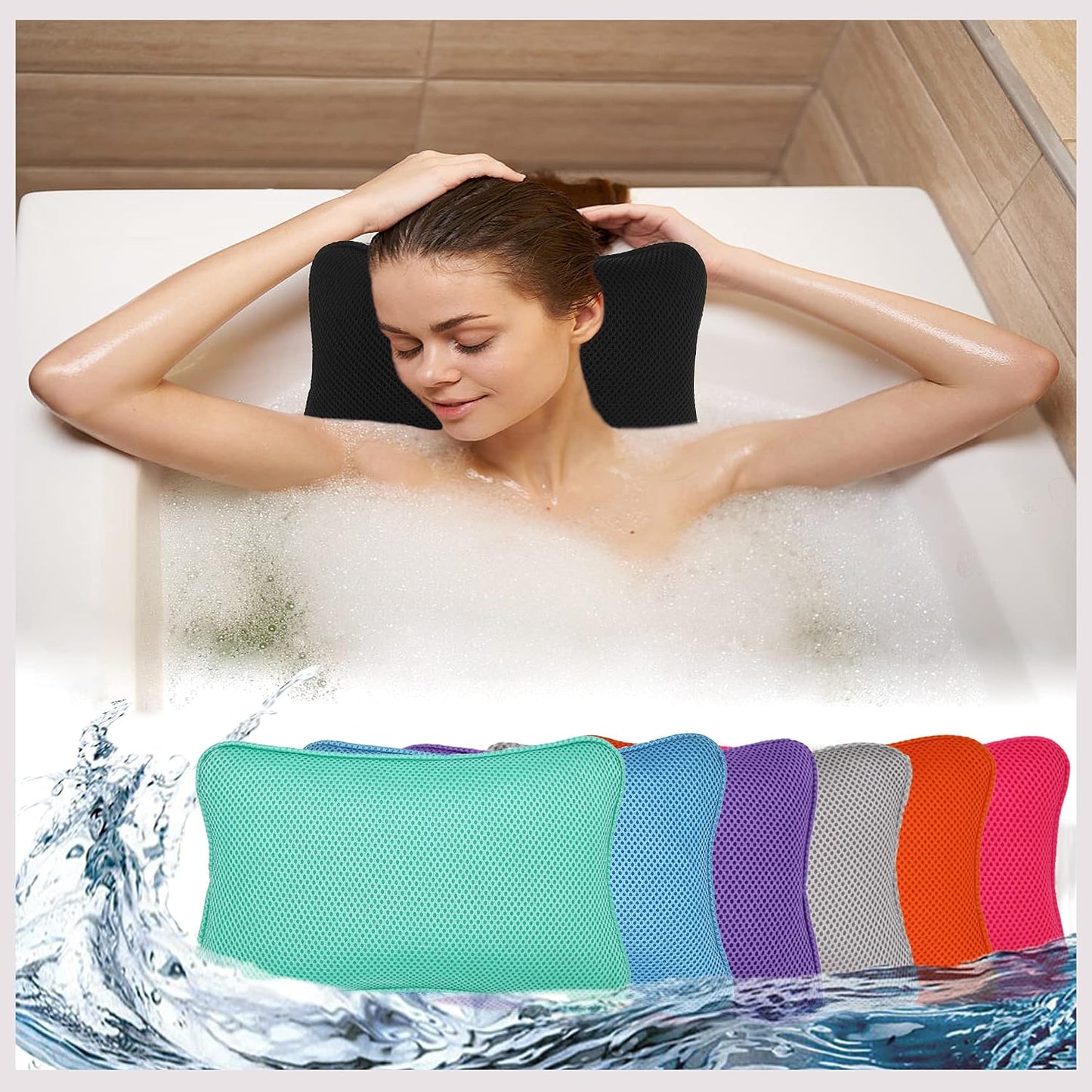 Bathtub Bath Pillow - Spa Pillow with Headrest Cushion - Hot Tub Pillow - Neck and Head Rest Support for Bath or Shower - Bath Stuff Accessories(New Black)