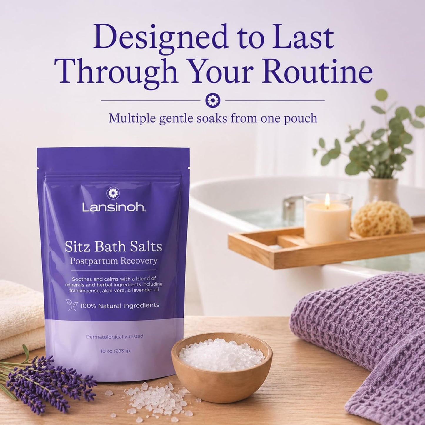 Lansinoh Sitz Bath Salts for Postpartum Care, Perineal Soak with Epsom Salt, Aloe Vera, Lavender & Frankincense Oil, 10 Ounces