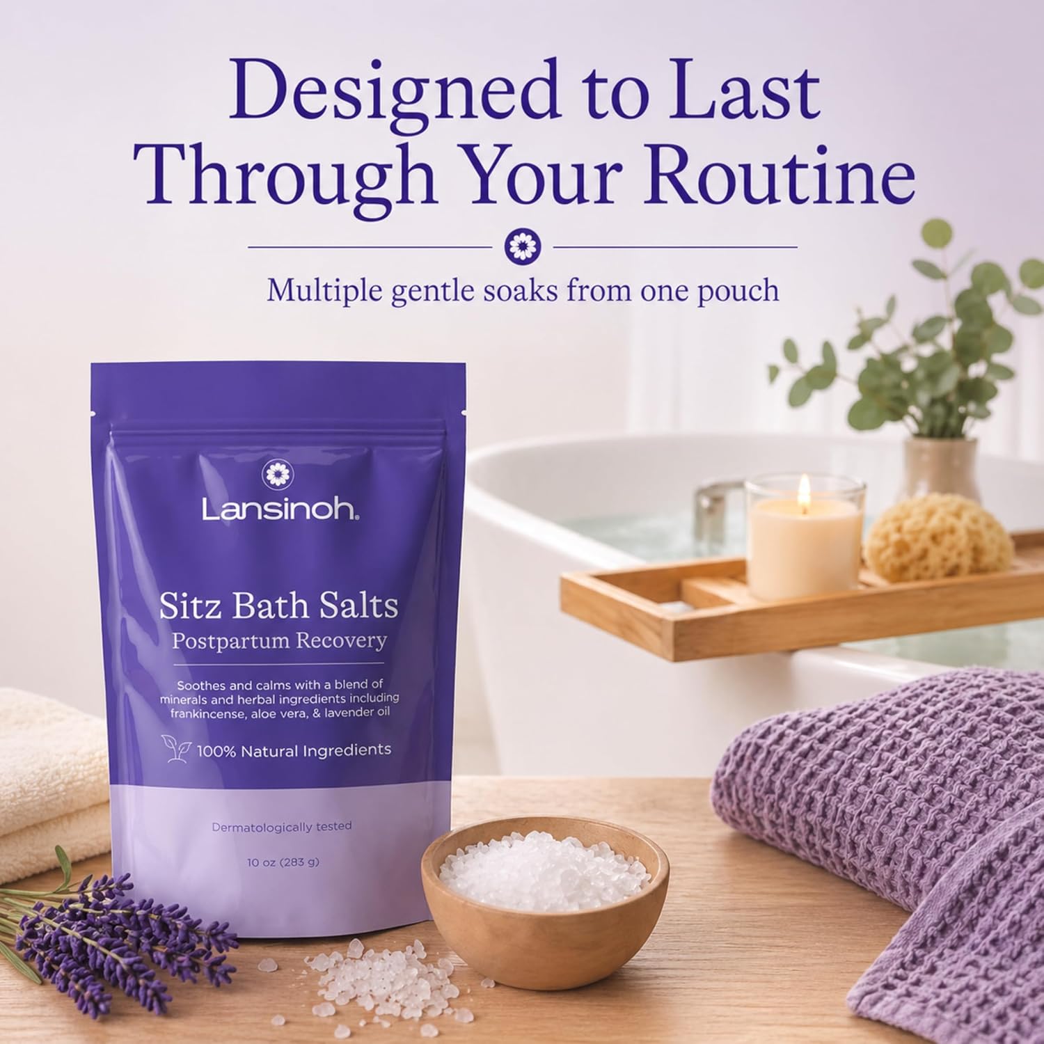 Lansinoh Sitz Bath Salts for Postpartum Care, Perineal Soak with Epsom Salt, Aloe Vera, Lavender & Frankincense Oil, 10 Ounces