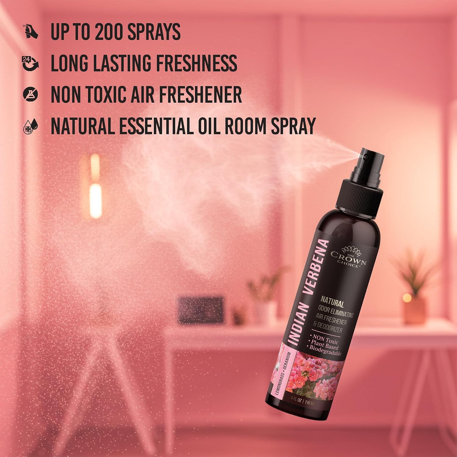 Non-Toxic Odor Eliminator, Natural Geranium & Lemongrass Air Freshener Spray for Home, Room, Closet & Couch Deodorizer, Long Lasting Bathroom & Toilet Freshener, Safe for Kids & Pets - 4 oz Pack of 2