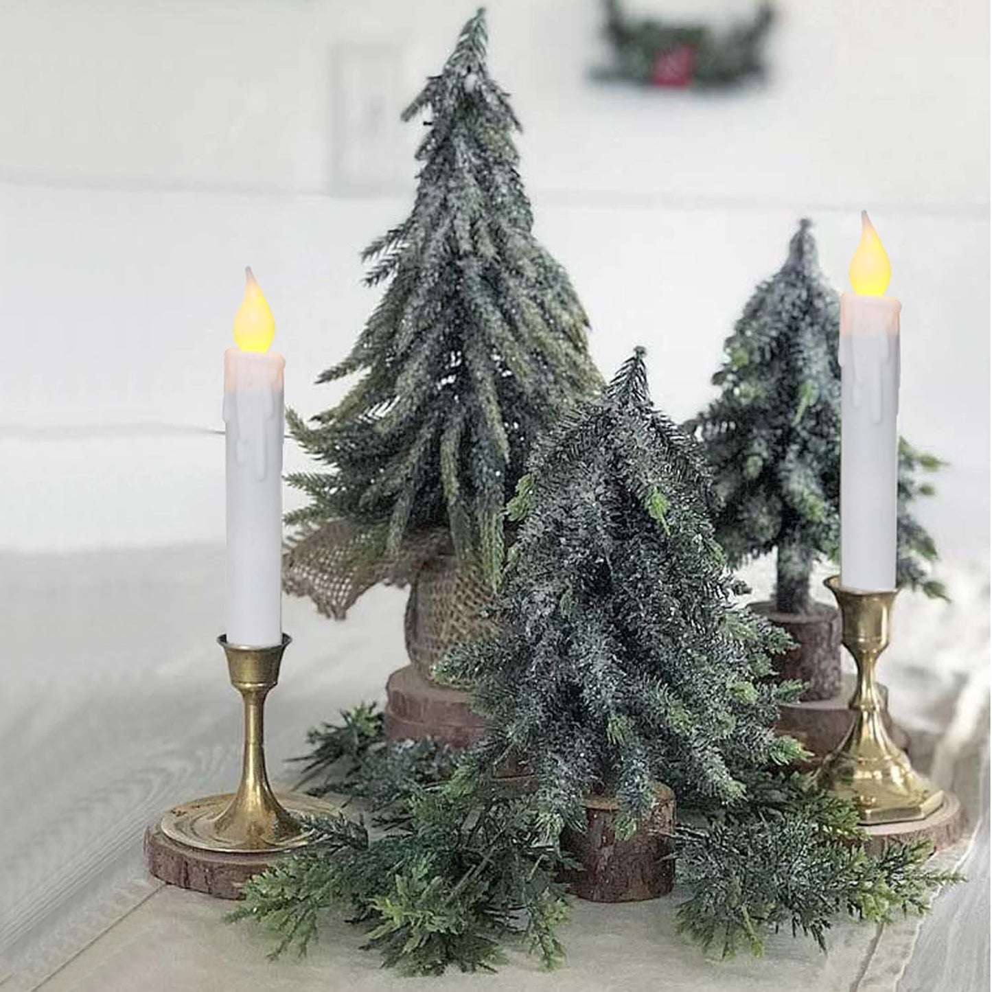CVHOMEDECO. Flickering Taper Candles LED Drip Flameless Candles, Battery Operated with Timer, White, 6-3/4 Inch, Set of 2