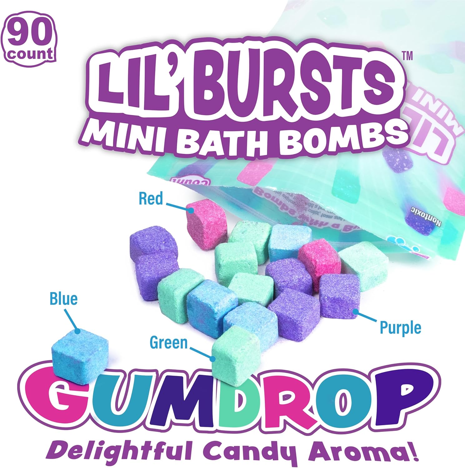 Tub Works® Lil' Bursts™ Mini Bath Bombs for Kids, 90 Count, Gumdrop | Nontoxic | Tiny Kids Bath Bombs with A Burst of Color, Foam & Bubbles | Customize Kids Bath with Fun Bath Colors | Create Tub Art