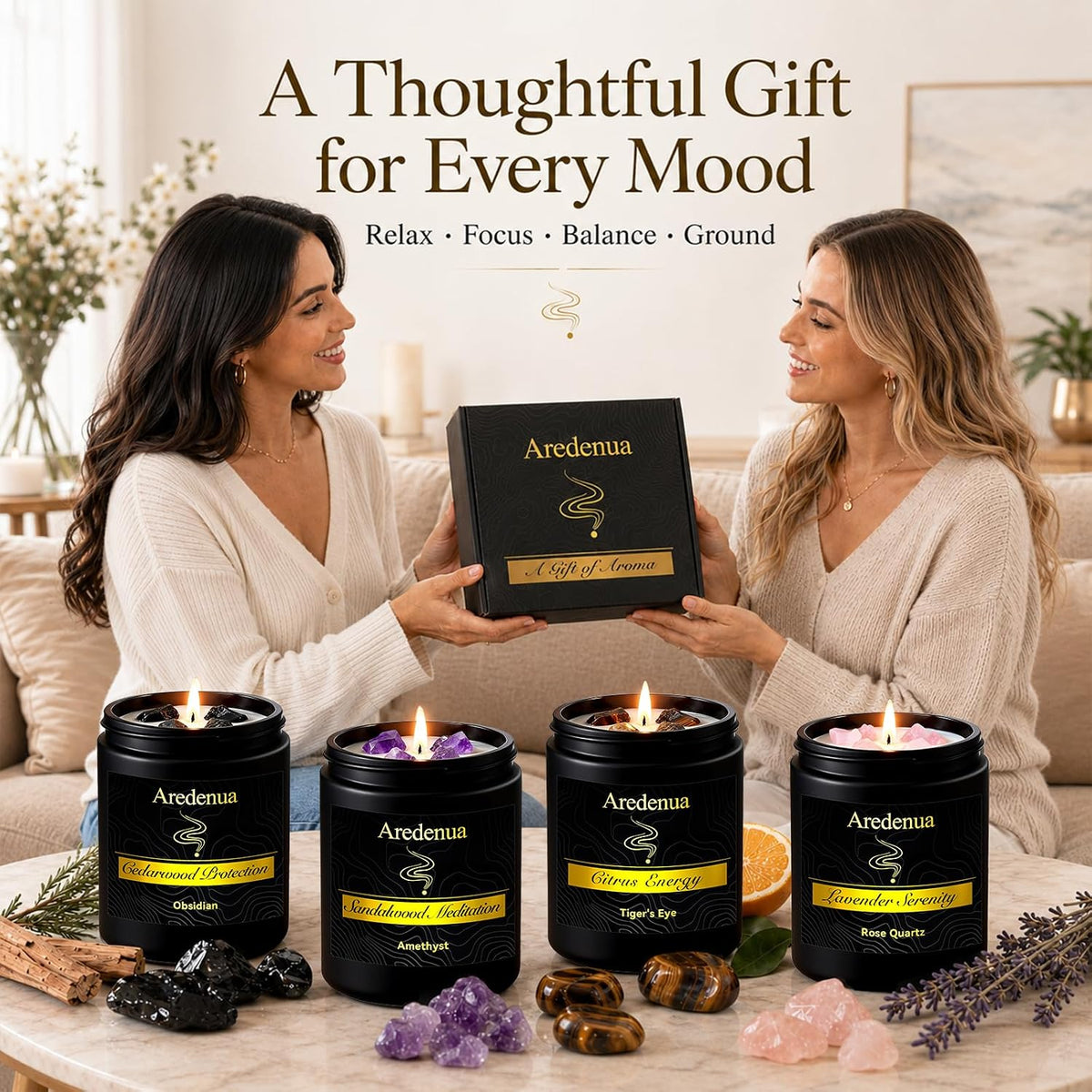 4-Pack Scented Candles with Crystals, 28 oz Soy Candles for Women Men