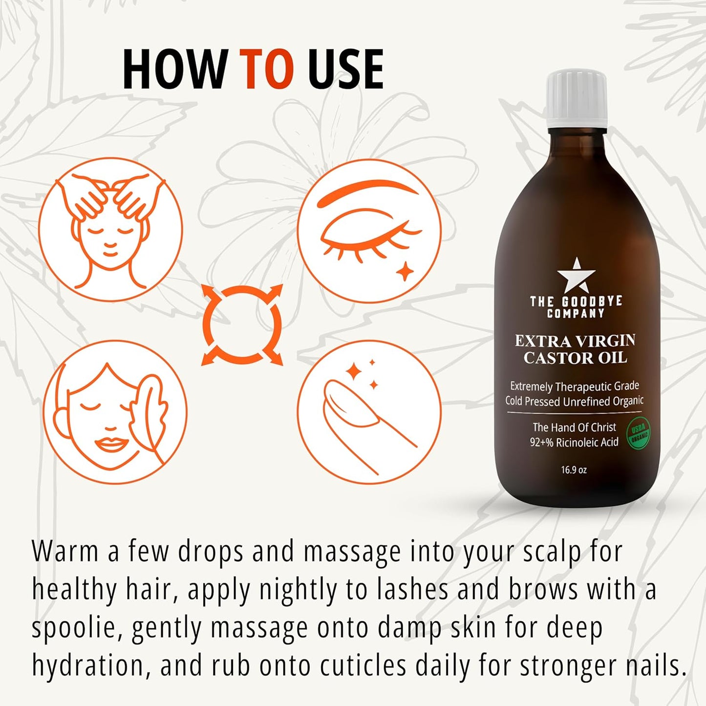 GoodBye Company USDA Organic Cold-Pressed Castor Oil, 16.9 oz Amber Glass Bottle, Hexane-Free, Extra Virgin, Food Grade, for Hair, Skin, Lashes, Brows & Digestive