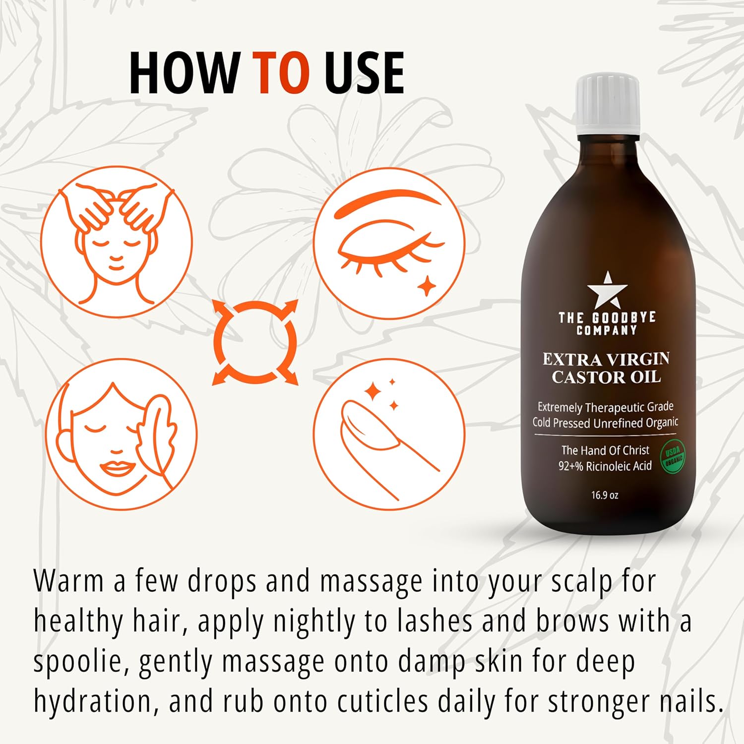GoodBye Company USDA Organic Cold-Pressed Castor Oil, 16.9 oz Amber Glass Bottle, Hexane-Free, Extra Virgin, Food Grade, for Hair, Skin, Lashes, Brows & Digestive