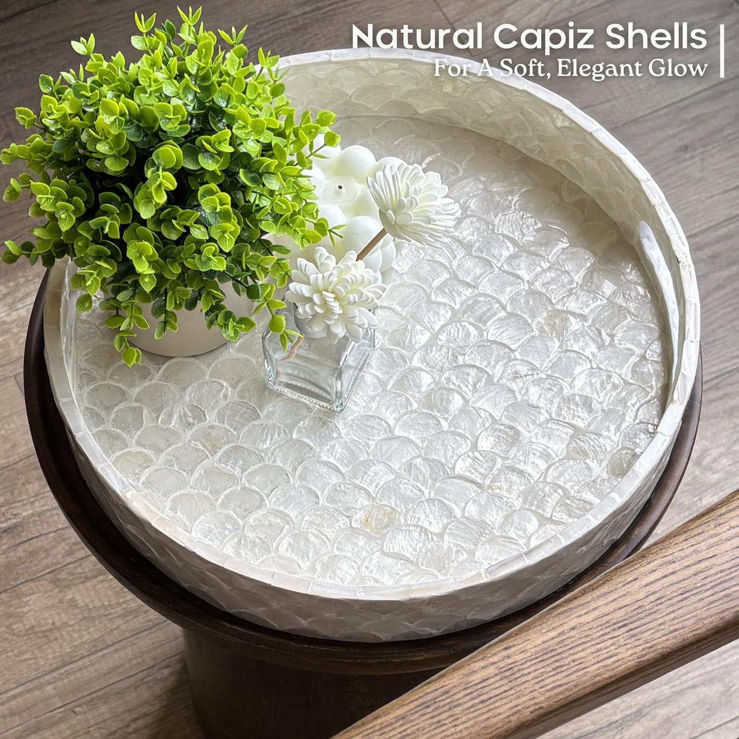 CHI AN HOME 12.6 Inch Capiz Round Decorative Tray, Decorative Serving Tray with Handles for Coffee Table, Kitchen Counter, Bathroom Vanity or Dining Table Centerpiece Tray, Modern Farmhouse Decor