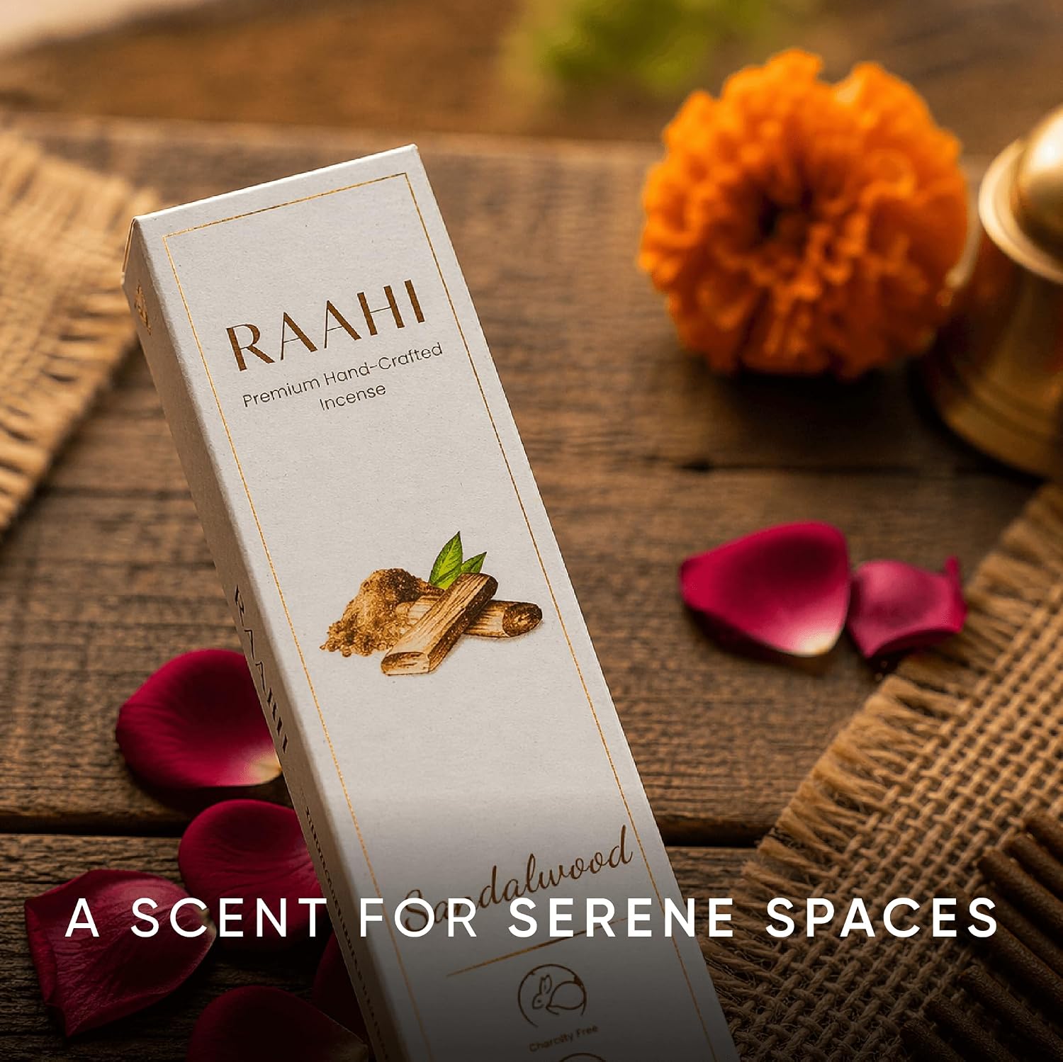 RAAHI Sandalwood Incense Sticks with Holder, 120 Count, Handcrafted Scented Incense for Home Fragrance, Meditation, Yoga and Room Ambiance