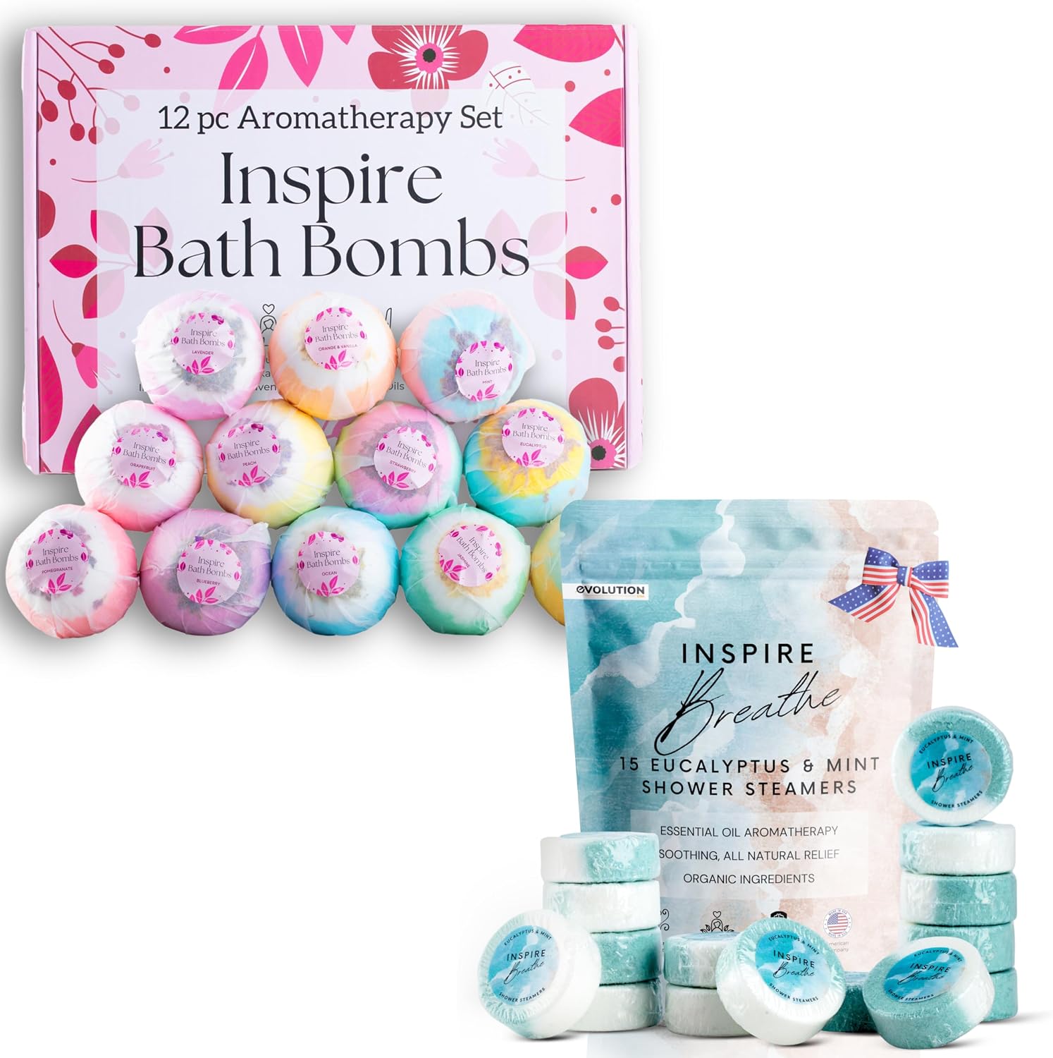 Beautiful Gift Sets for Women - 12 Beautiful Inspire Organic Bombs Bombs & 15 Inspire Breathe Shower Steamers Eucalyptus and Mint