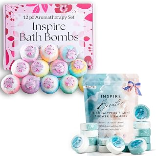 Beautiful Gift Sets for Women - 12 Beautiful Inspire Organic Bombs Bombs & 15 Inspire Breathe Shower Steamers Eucalyptus and Mint