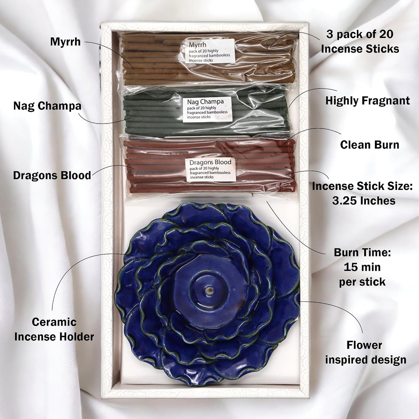 Hosley Incense Sticks Gift Set Each Includes 60 Incense Sticks & a Flower Ceramic Holder - Bathroom Set for Home, Weddings, Meditation, Spa, Bathroom Use - 6 Sets