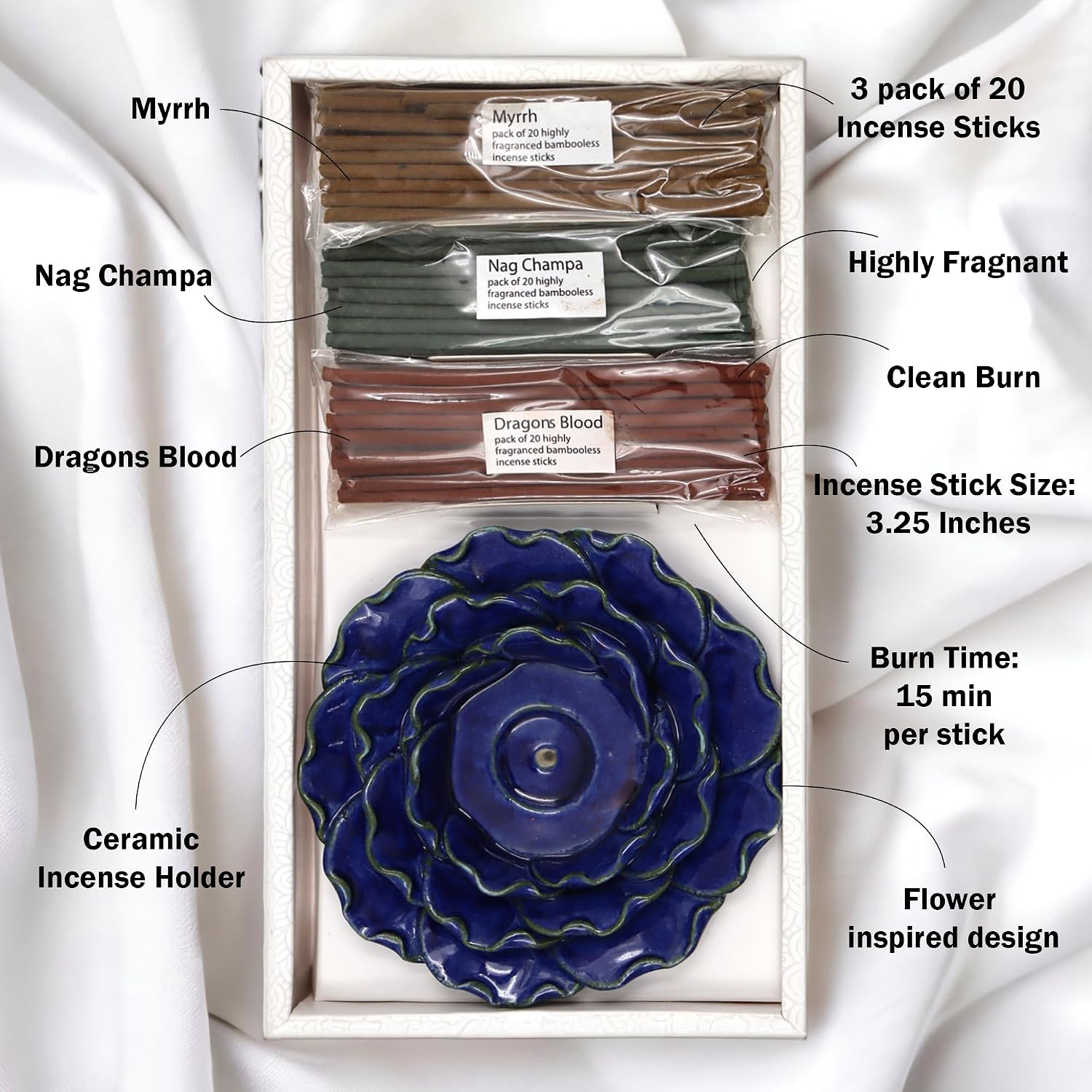 Hosley Incense Sticks Gift Set Each Includes 60 Incense Sticks & a Flower Ceramic Holder - Bathroom Set for Home, Weddings, Meditation, Spa, Bathroom Use - 6 Sets