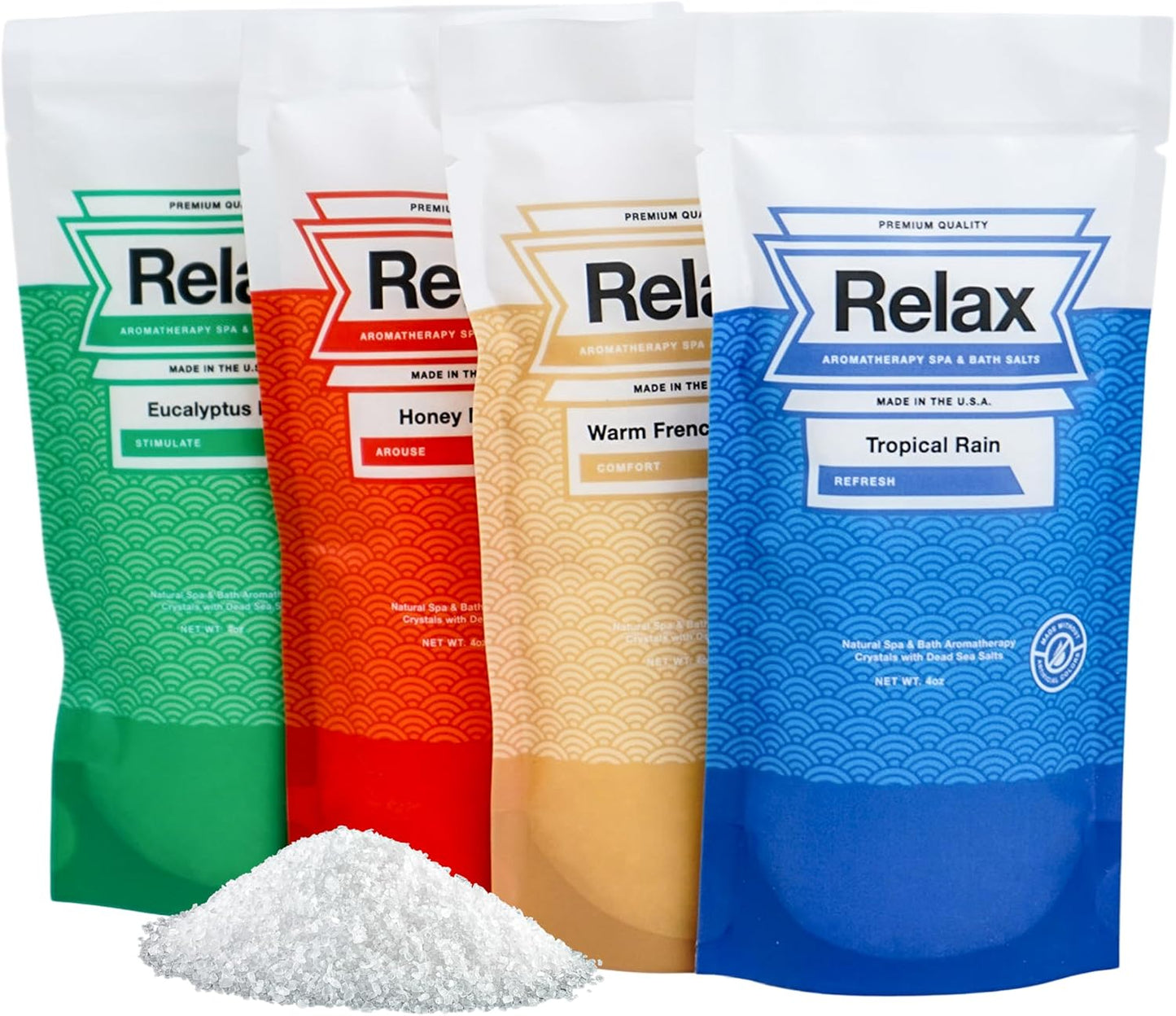 Relax Spa & Bath Aromatherapy Bath Salts Variety Pack for Hot Tub, Bath, or Spa, Infused with Magnesium, Bath Salt for Soaking, Four 4oz Sample Bags