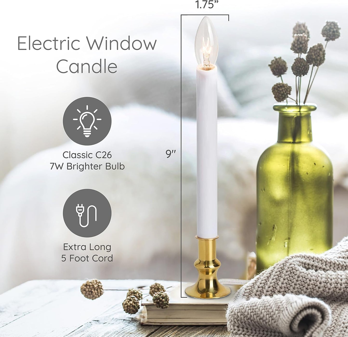 Electric Christmas Window Candle Lamp - 6-Pack | Brass-Plated Base with LED Bulbs | Dusk-to-Dawn Auto Sensor | Turns On in Dark, Off in Light | Ready to Use!
