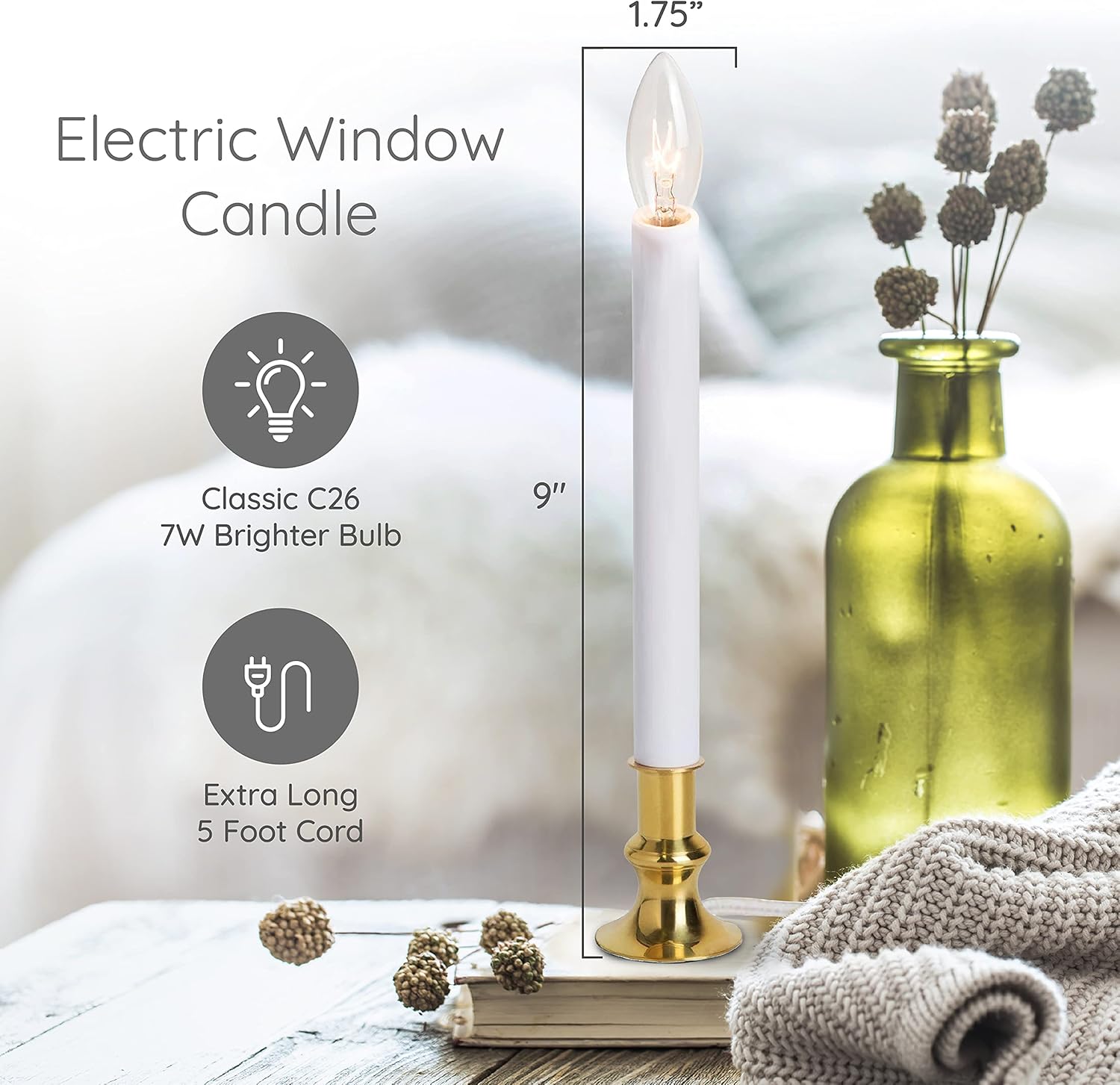 Electric Christmas Window Candle Lamp - 6-Pack | Brass-Plated Base with LED Bulbs | Dusk-to-Dawn Auto Sensor | Turns On in Dark, Off in Light | Ready to Use!