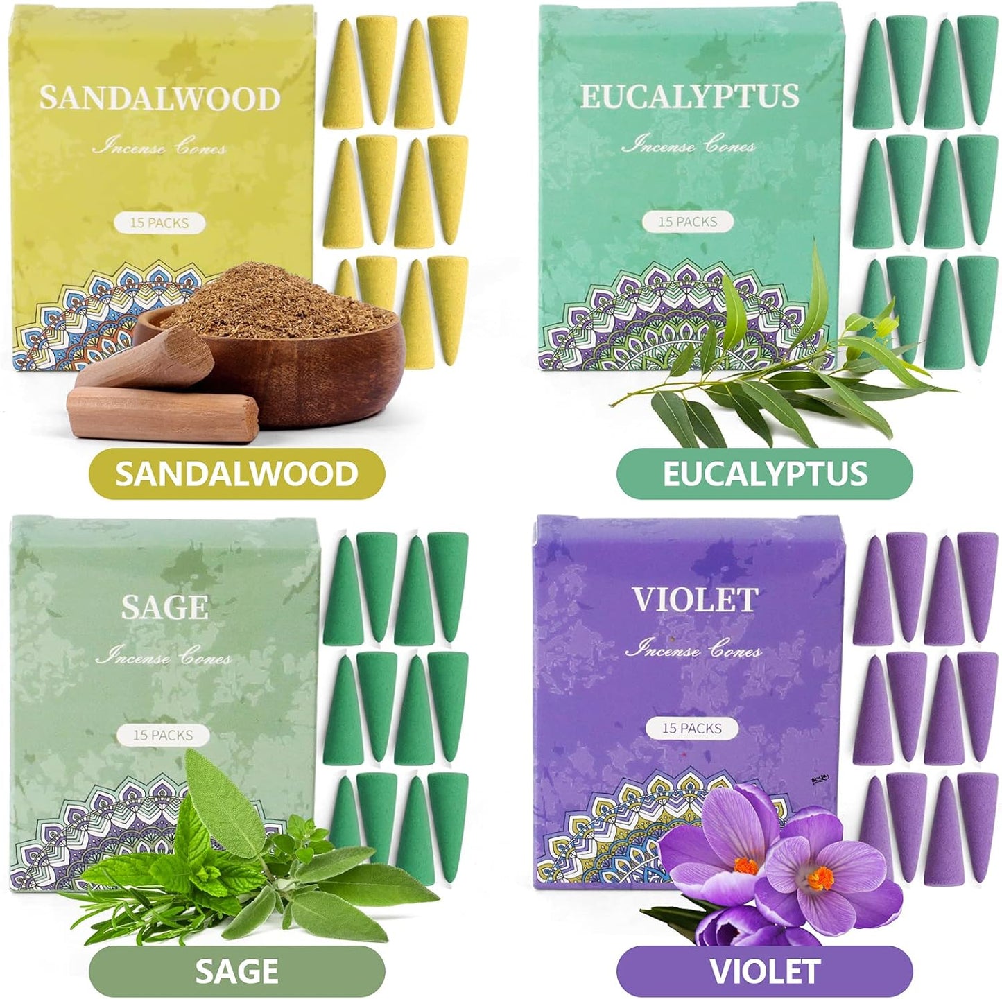 SCENTORINI Assorted Incense Variety Pack Gift Set with Holder - Scented Cones in Rose, Sage, Lavender, Violet, Cinnamon, Eucalyptus, Sandalwood, Rain Forest - 120 Cones Total