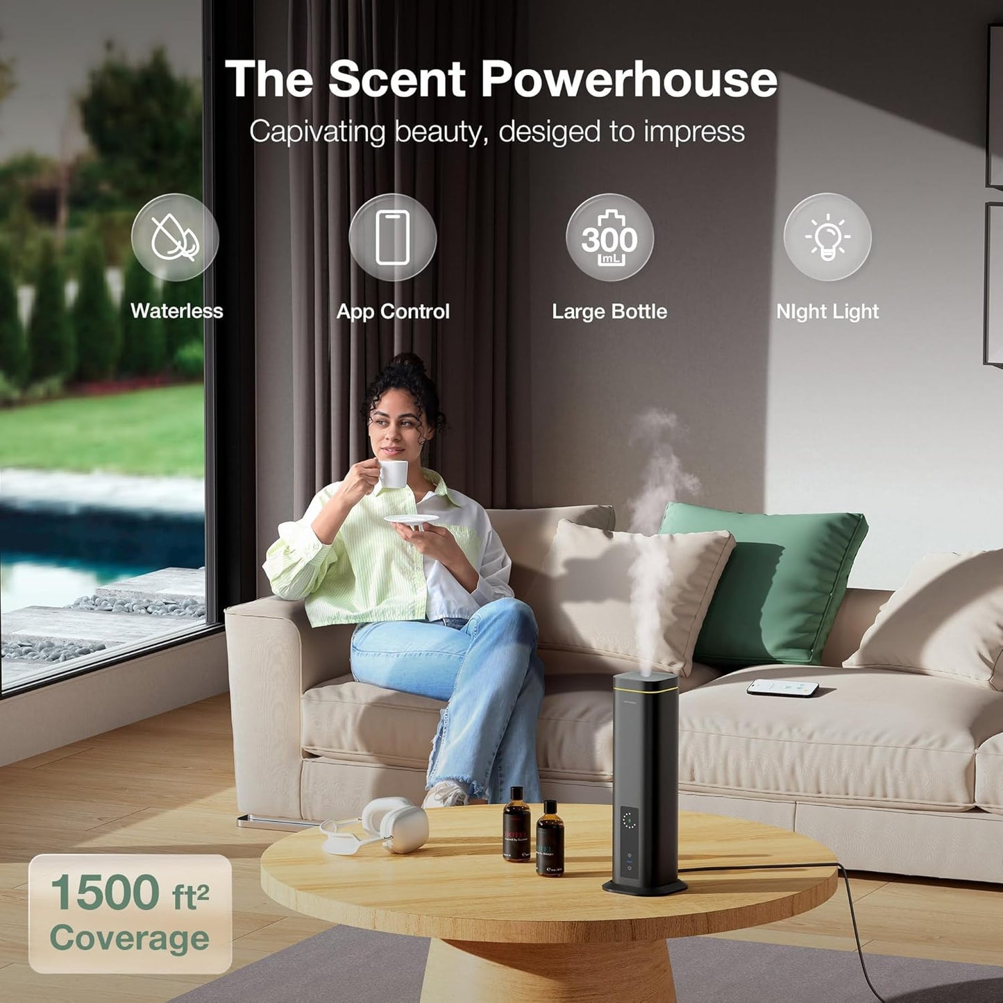 Airversa Waterless Diffuser, Smart Tower Diffuser with App Control, Cold Air Scent Diffuser Oil Machine for Homes Offices Hotels, 300mL Capacity, Up to 1500 sq ft, DC-12V/1A Plug, RDX Black Kit