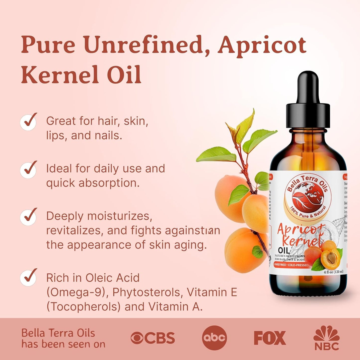 Bella Terra Oils - Natural Apricot Kernel Oil 4oz - Dive into Natural Apricot's Nutritional Excellence, High in Vitamin C, Promotes Supple & Radiant Skin