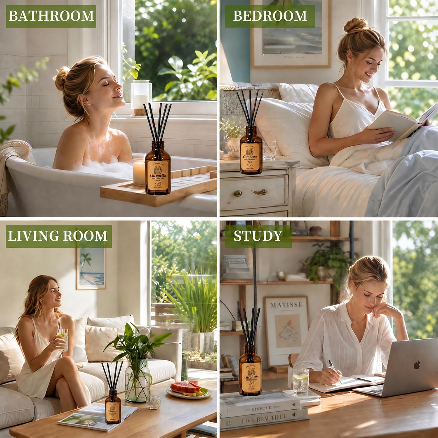 STRN Citronella Reed Diffuser Set, Citronella Scent Oil Diffuser with 18 Sticks, 3 Packs 300ML(10.14fl.oz), Summer Air Fresheners, Refreshing Long-Lasting Fragrance for Living Room, Bedroom, Office