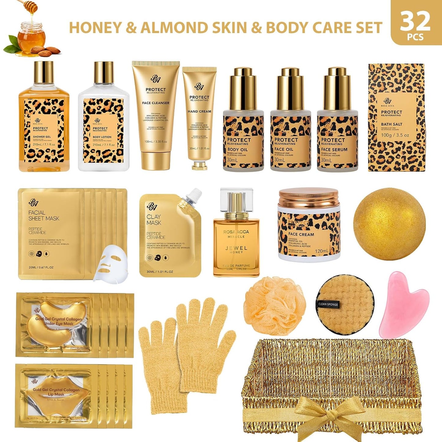 Gifts for Women, Gifts Basket for Women, 32 Pcs Honey & Almond Bath & Body Gift Basket, Hydrating Face Skin Care Gift Set, Self-Care Home Spa Basket Gift Set, Birthday, Christmas, Anniversary