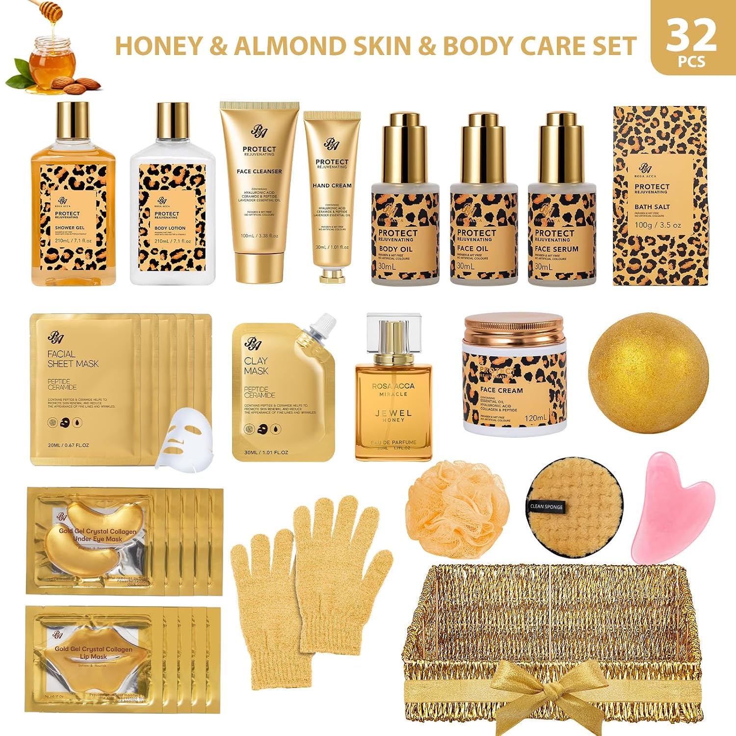 Gifts for Women, Gifts Basket for Women, 32 Pcs Honey & Almond Bath & Body Gift Basket, Hydrating Face Skin Care Gift Set, Self-Care Home Spa Basket Gift Set, Birthday, Christmas, Anniversary