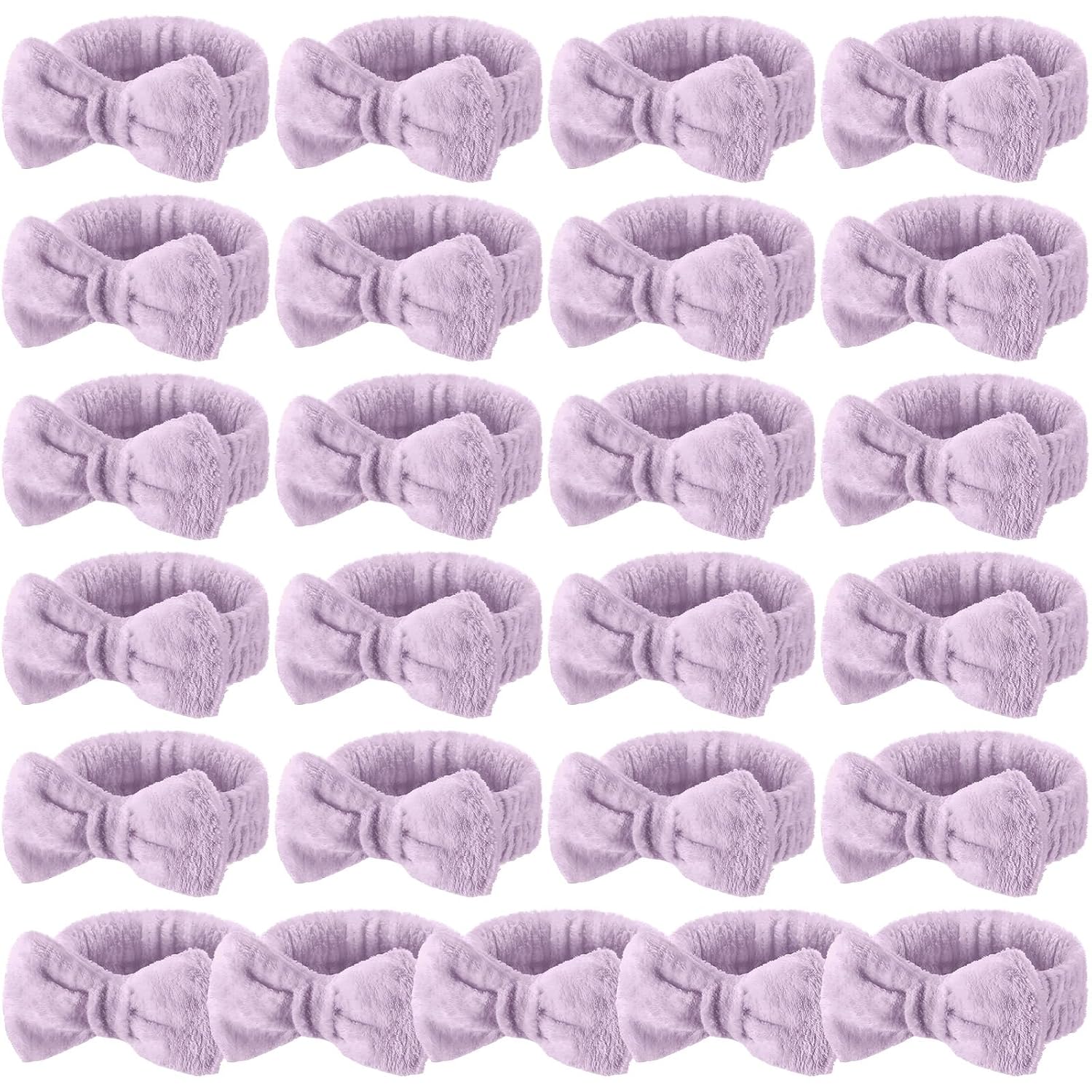 25 Pcs Spa Headband Bulk Makeup Headbands for Washing Face Cute Bow Hairbands Soft Coral Fleece Hairbands for Women Face Skin Care Makeup Spa Gift Shower Yoga (Classic Pattern,Purple)
