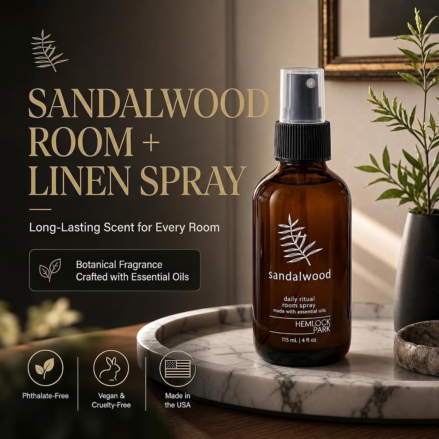 Hemlock Park Sandalwood Botanical Mist Room + Linen Spray | 4 oz Glass Bottle | Made in USA