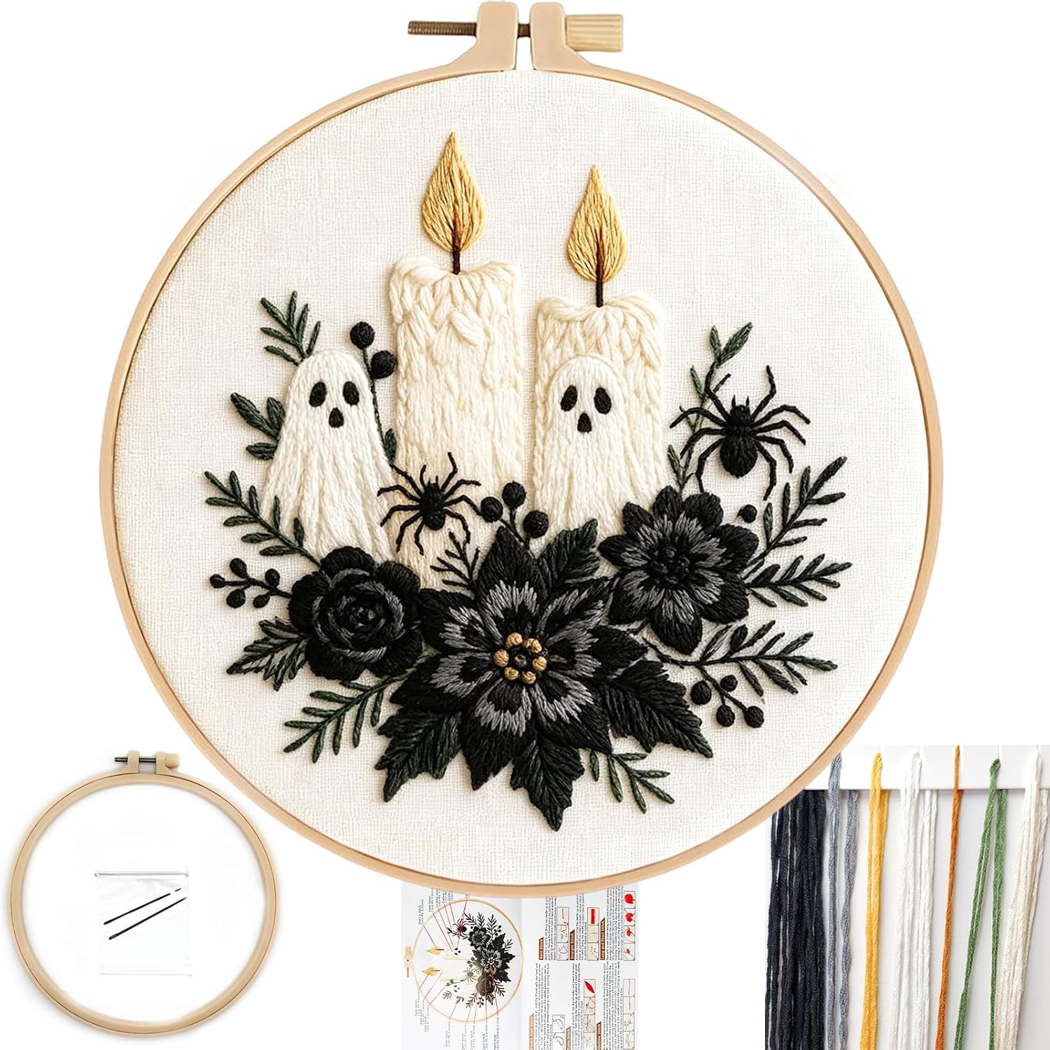 FONNUY Halloween Embroidery Kits for Beginners,Skull Pumpkin Spider Web Floral Stamped Cross Stitch Kit for Adults, Spooky Season Boho Wall Decor, 8'' Hoop (Candles)