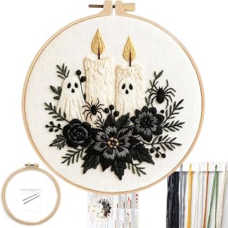 FONNUY Halloween Embroidery Kits for Beginners,Skull Pumpkin Spider Web Floral Stamped Cross Stitch Kit for Adults, Spooky Season Boho Wall Decor, 8'' Hoop (Candles)
