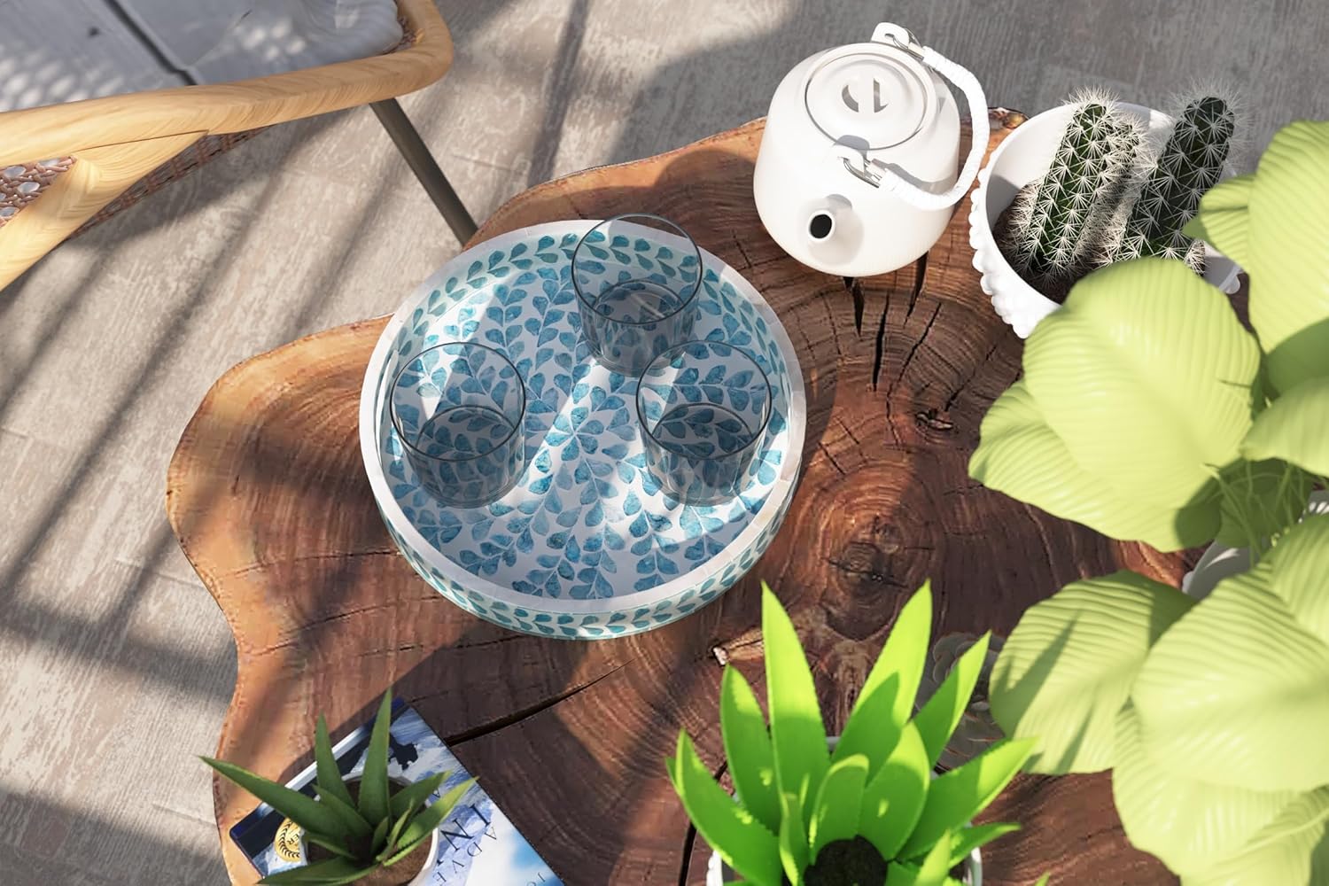 PEMAR 12.6” Mother of Pearl Round Serving Tray with Handles, Decorative Nacred Wooden Ottoman Coffee Table Tray (Teal Floral Pattern)