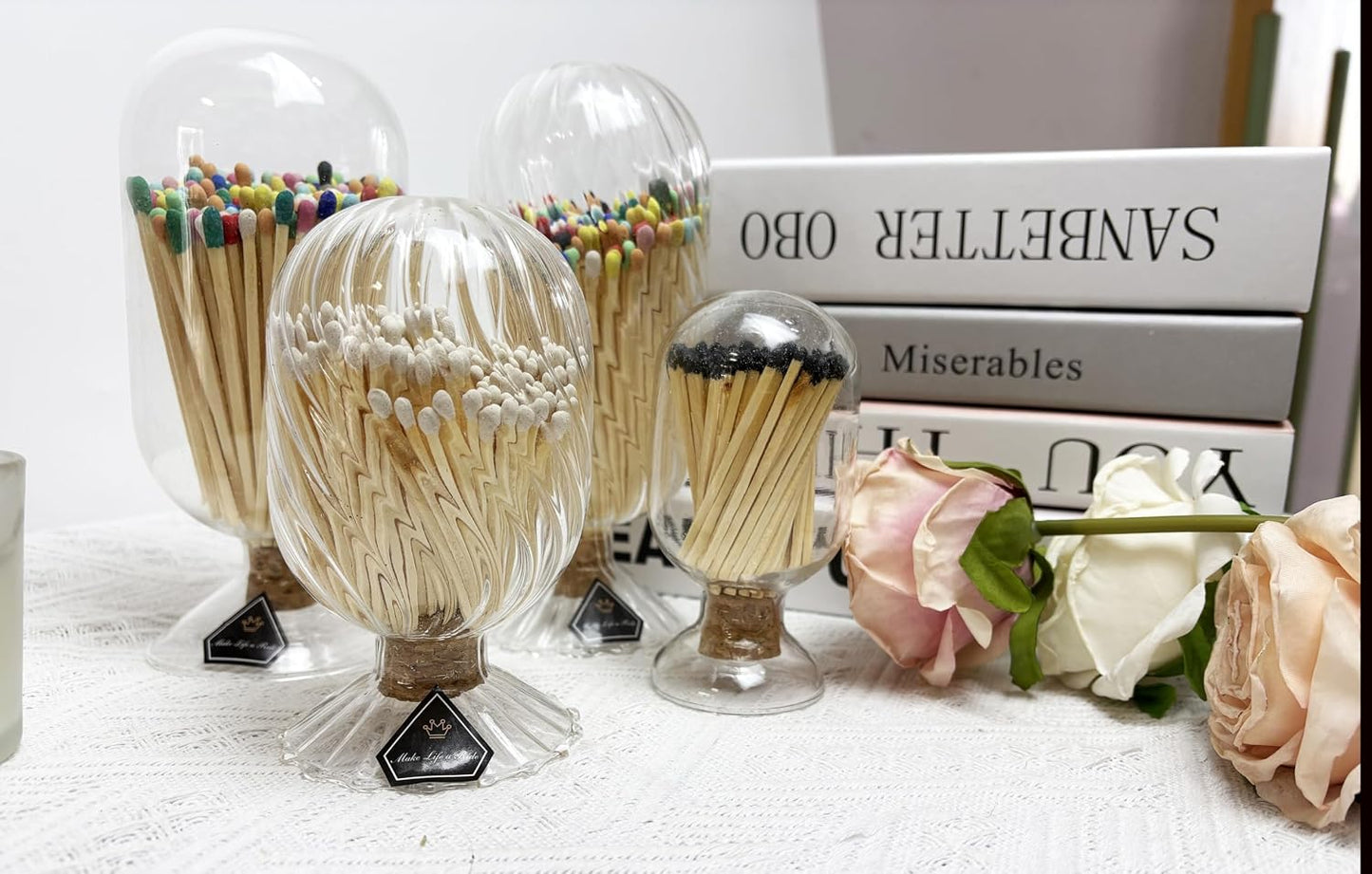 3'' White Matches Included, Match Holder with Candle Matches, Match Cloche with Striker, Long Fireplace Matches for BBQ Grill, Matches in a Jar with Striker, 100Pcs Safety Matches for Candles,