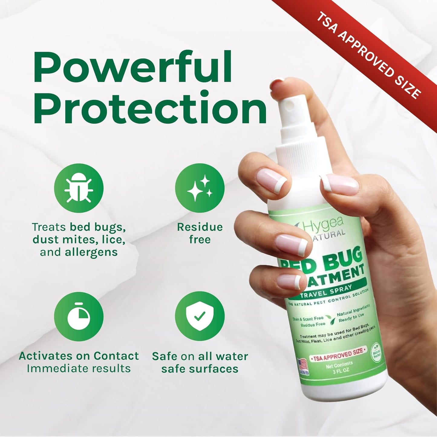 Hygea Natural Lice, Mite, and Bed Bug Killer Travel Spray - TSA Approved Size – Child & Pet Friendly – Immediate Results – Stain & Odor Free, for Hotels, Suitcase, Backpack, Shoes, Bed Bug Spray(3oz)