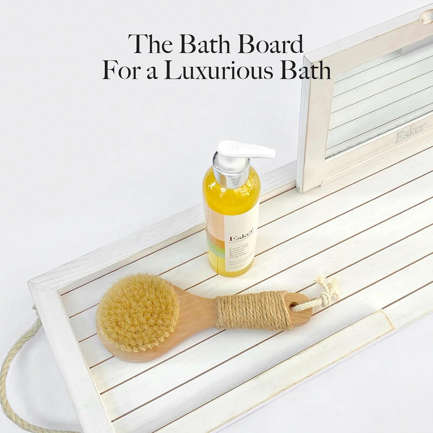 Esker Bathtub Tray, Premium Pine Wood Bath Board with Hemp Rope Handles; 32” Wide with Built in flip-up Mirror for applying Make-up, Masks or Scrubs; Must Have Bath Accessory Tray Caddy.