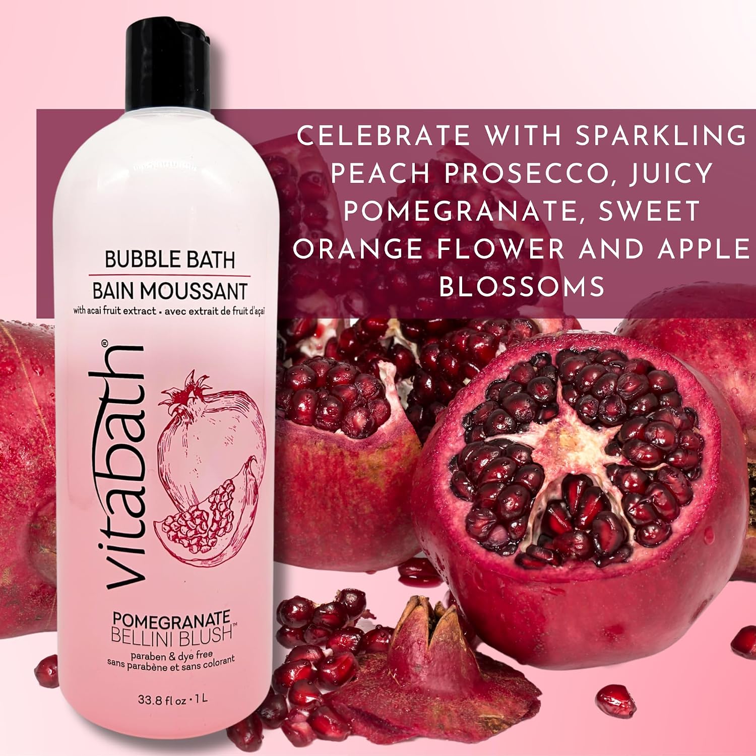 Vitabath Pomegranate Bellini Blush Bubble Bath Rich Foaming Bubbly Soak & Relaxing Aromatherapy Moisturizing & Nourishing Indulgent Suds for Women & Men All Skin Types - 33.8 fl oz